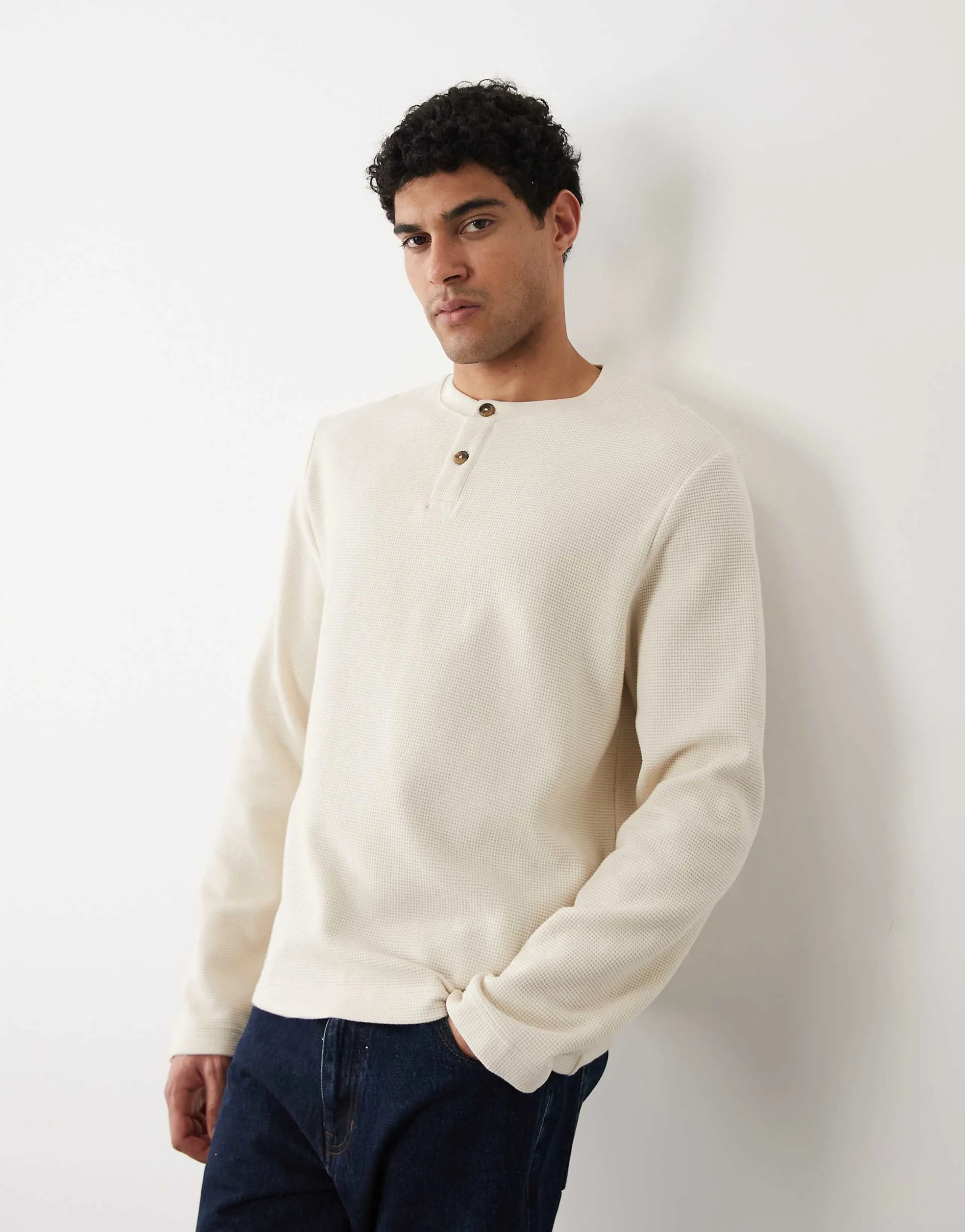 Selected heavyweight waffle long sleeved sleeved henley T-shirt in cream