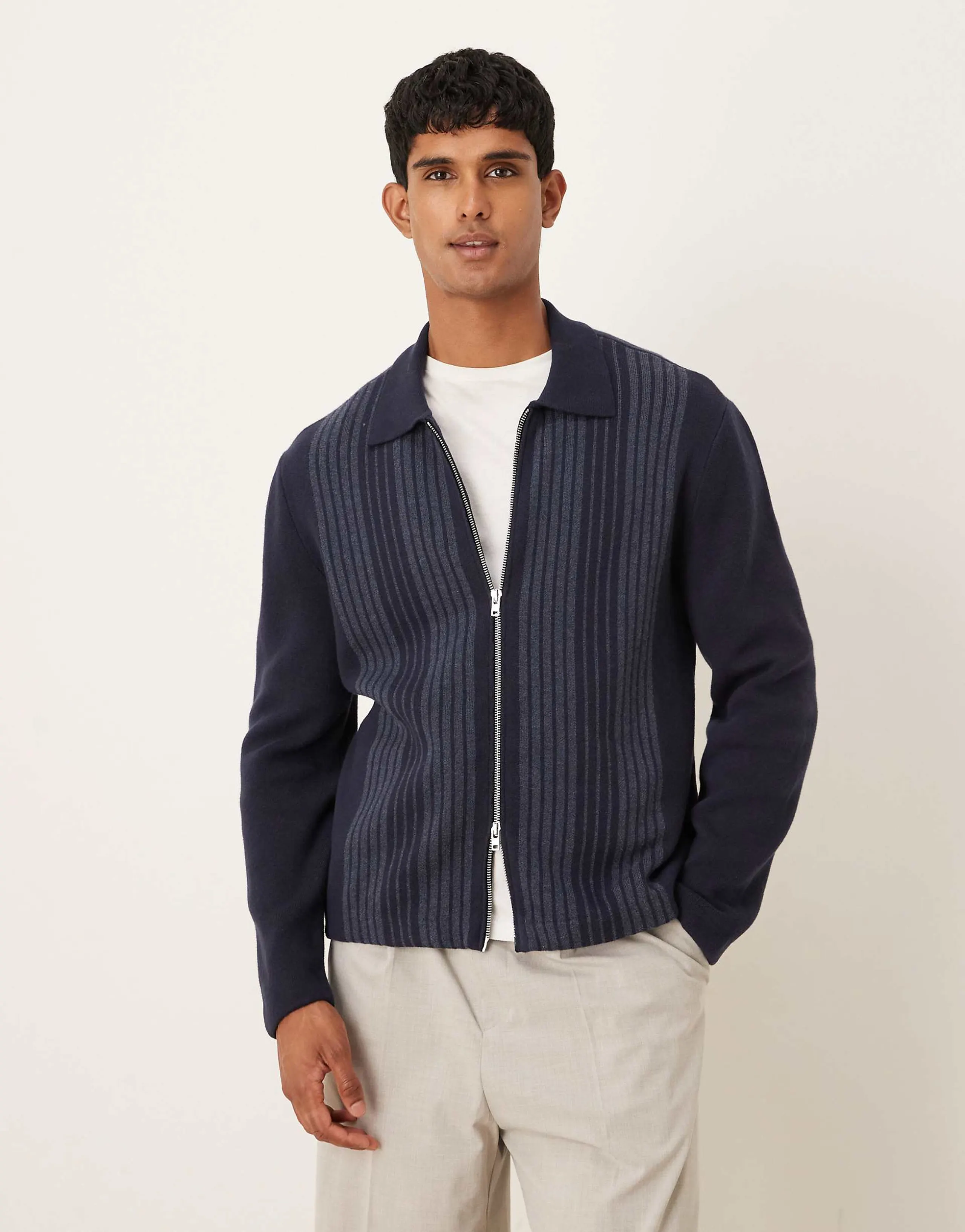 Abercrombie & Fitch full zip shacket in navy stripes