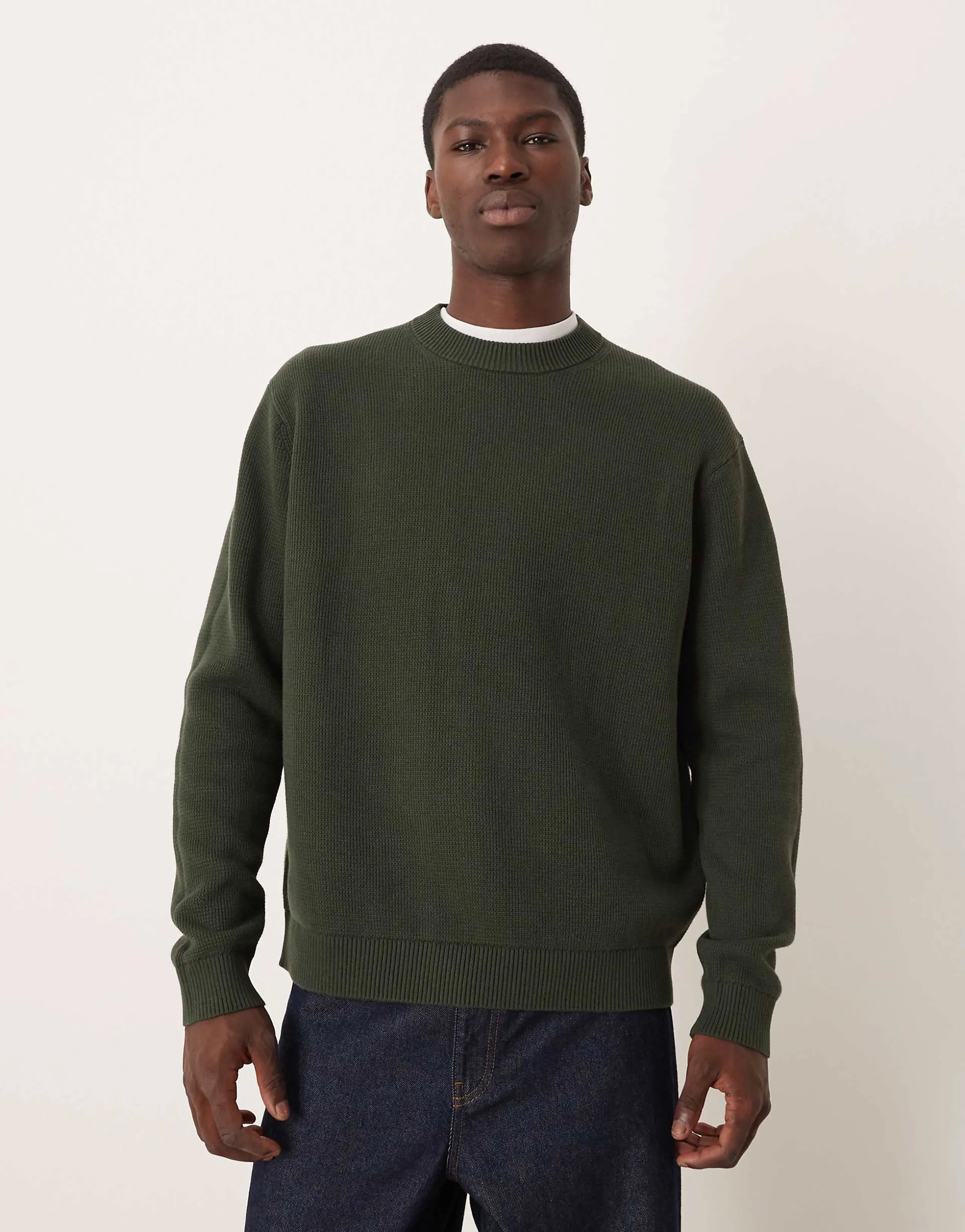 Selected 100% cotton boxy knit sweater in dark green