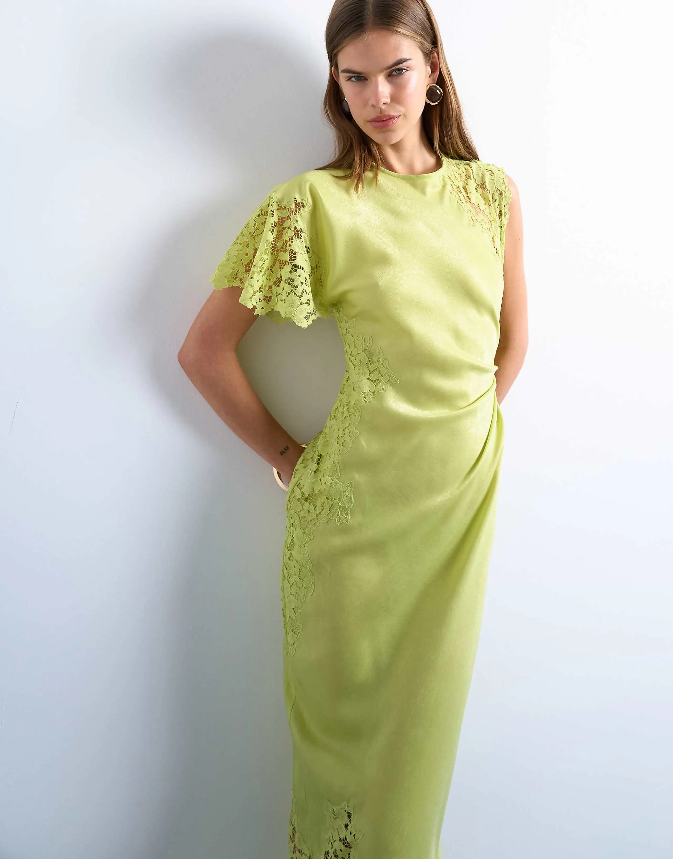 Topshop lace insert grown on shoulder midi dress in lime
