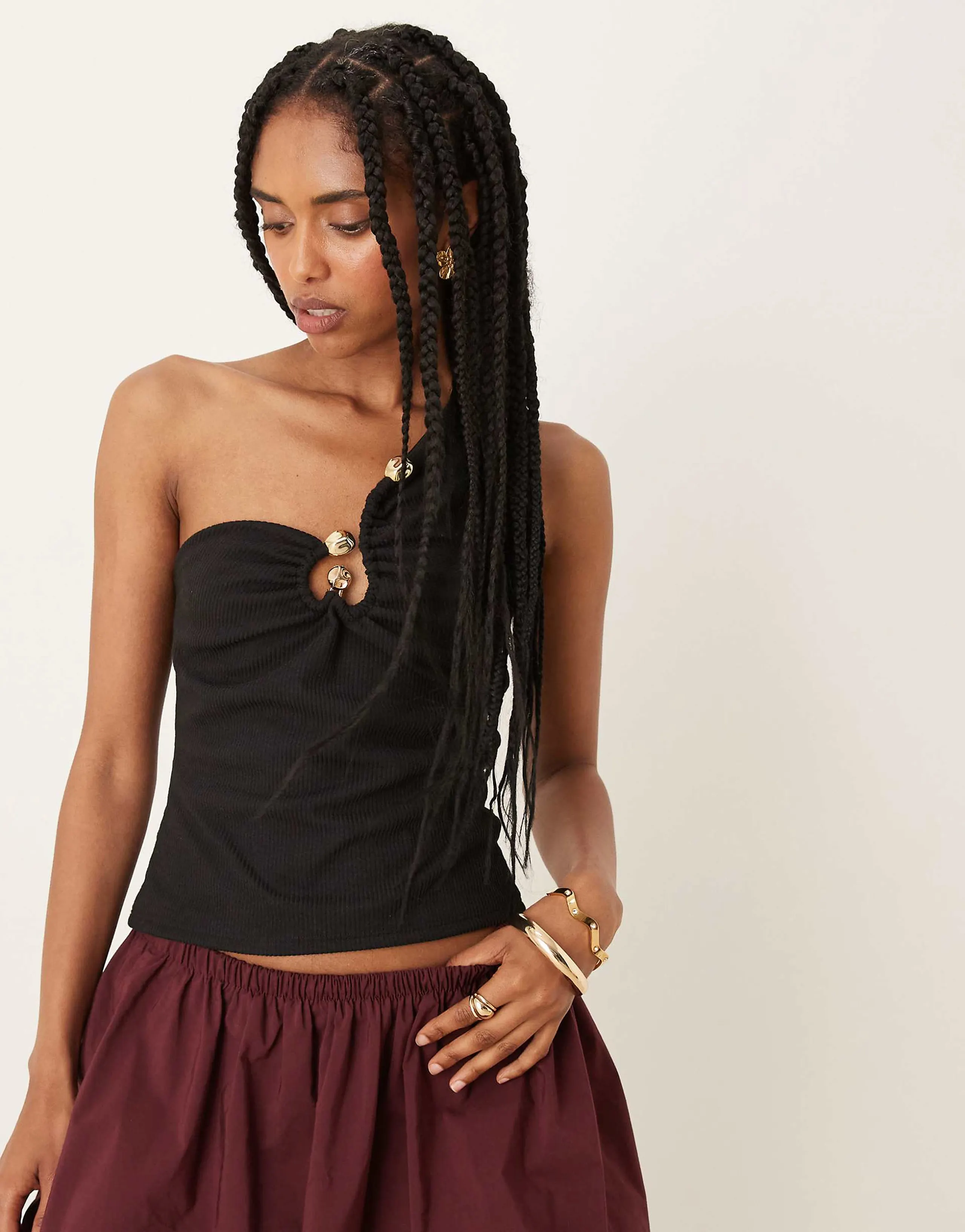 ASOS DESIGN ribbed one shoulder top with gold trim detail in black