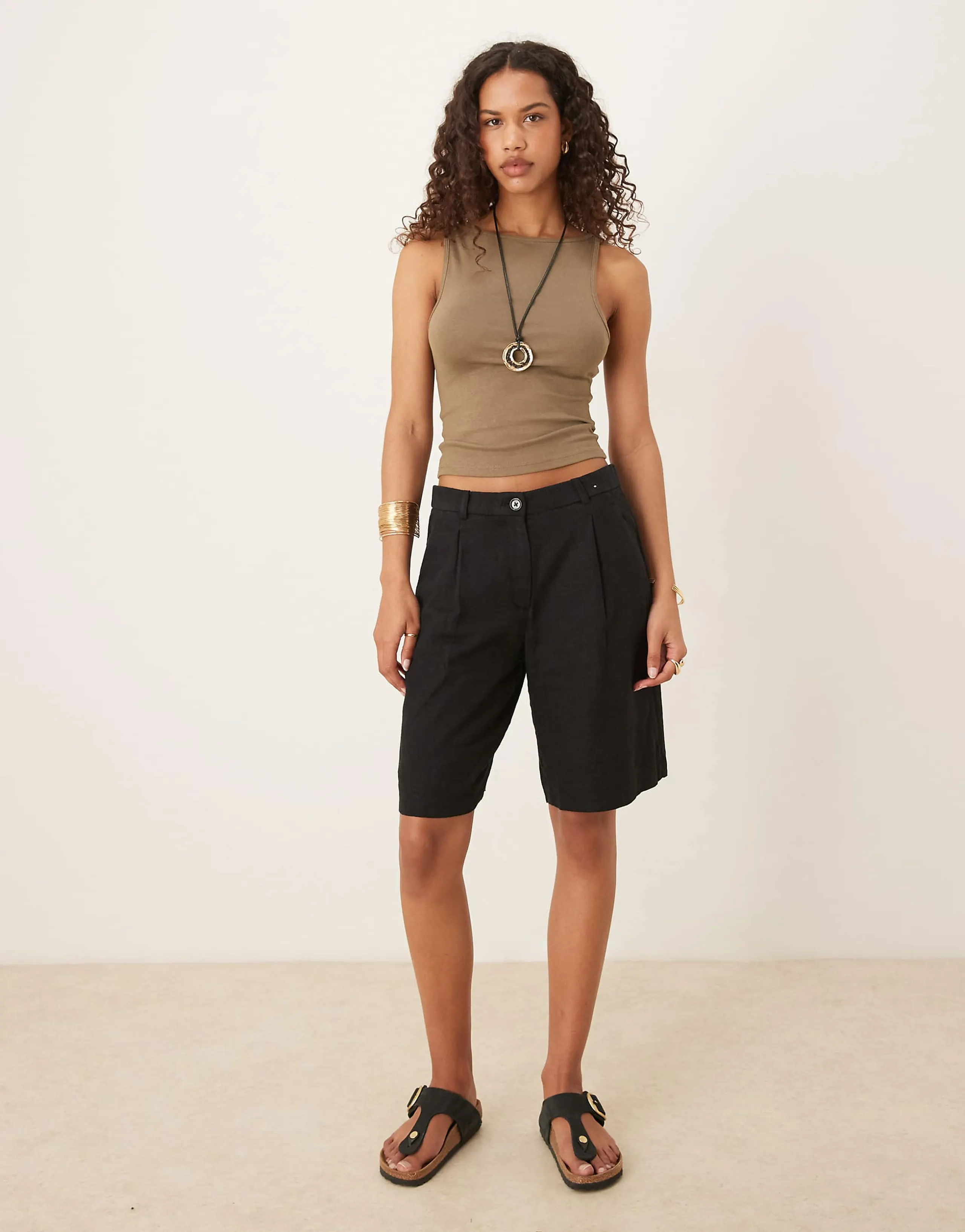 Abercrombie & Fitch mid rise bermuda linen mix shorts in black