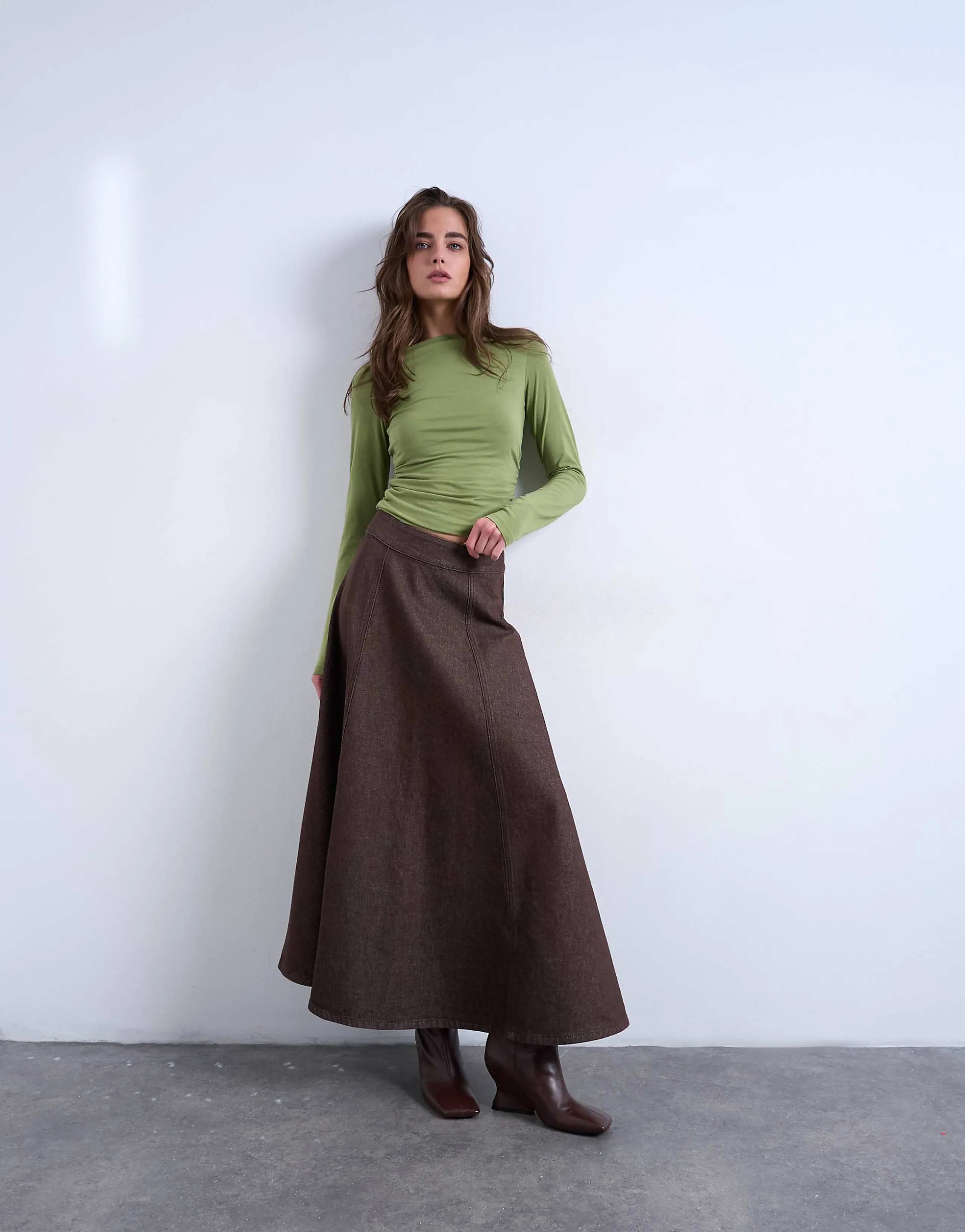 Topshop denim circle skirt in brow