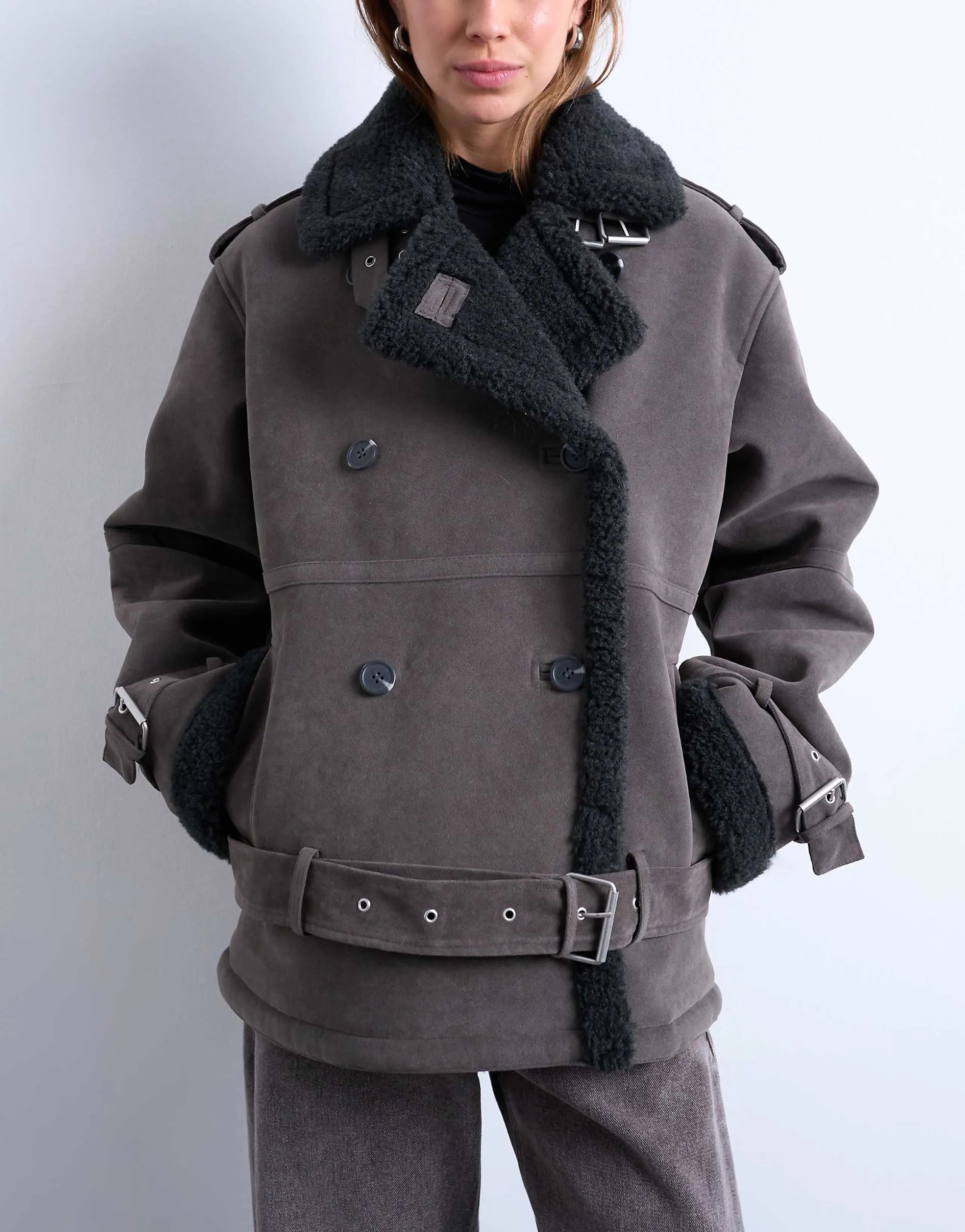 Topshop cropped aviator shearling coat in gray