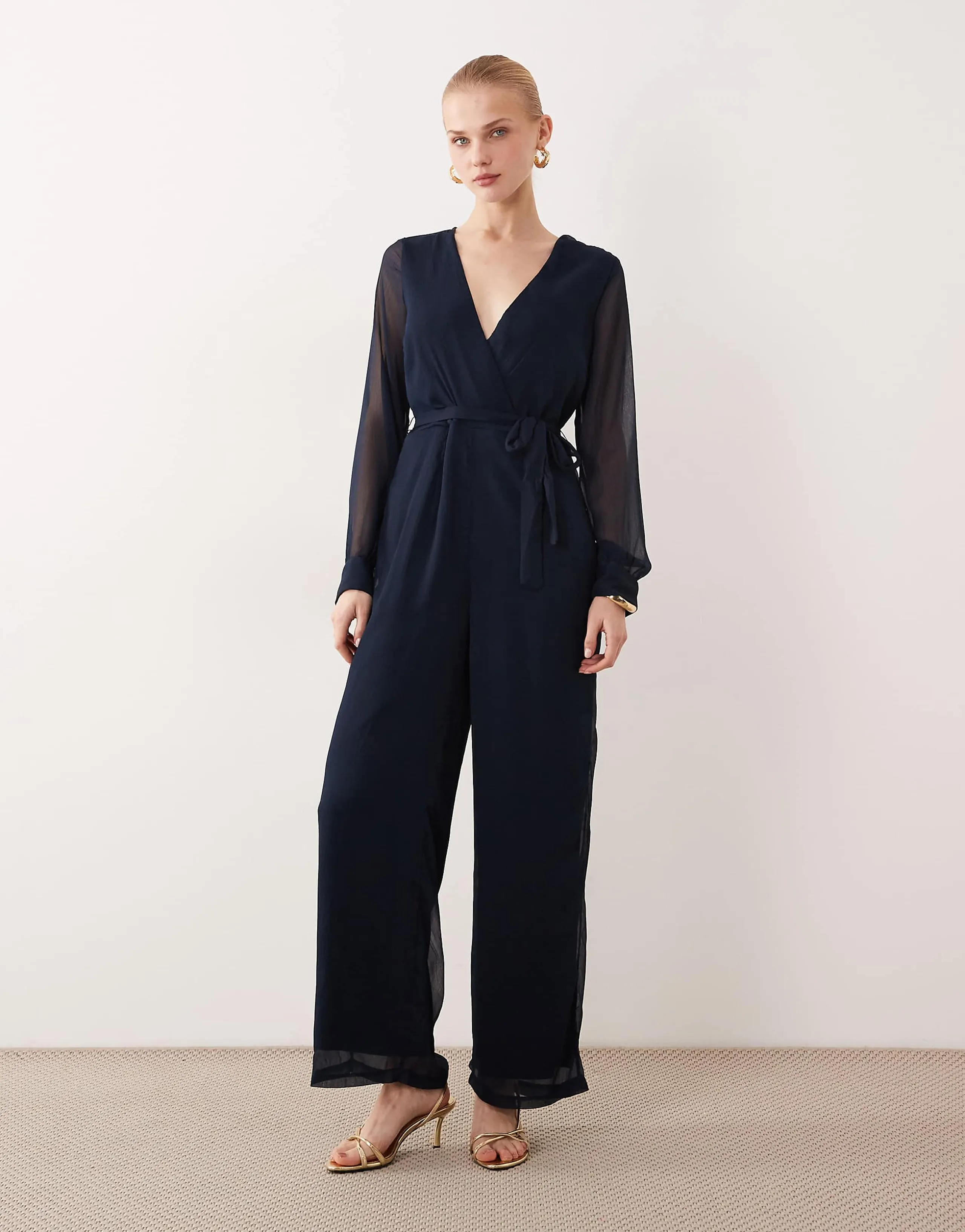 VILA V-neck tie waist chiffon jumpsuit in navy