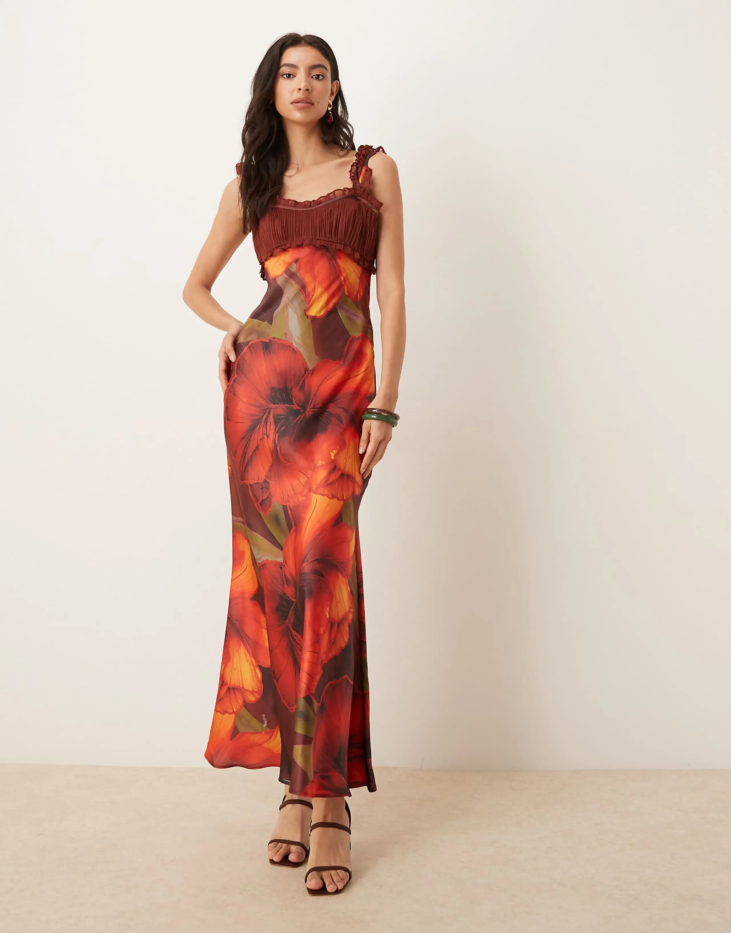 ASOS DESIGN cap sleeve chiffon midi dress in red floral print