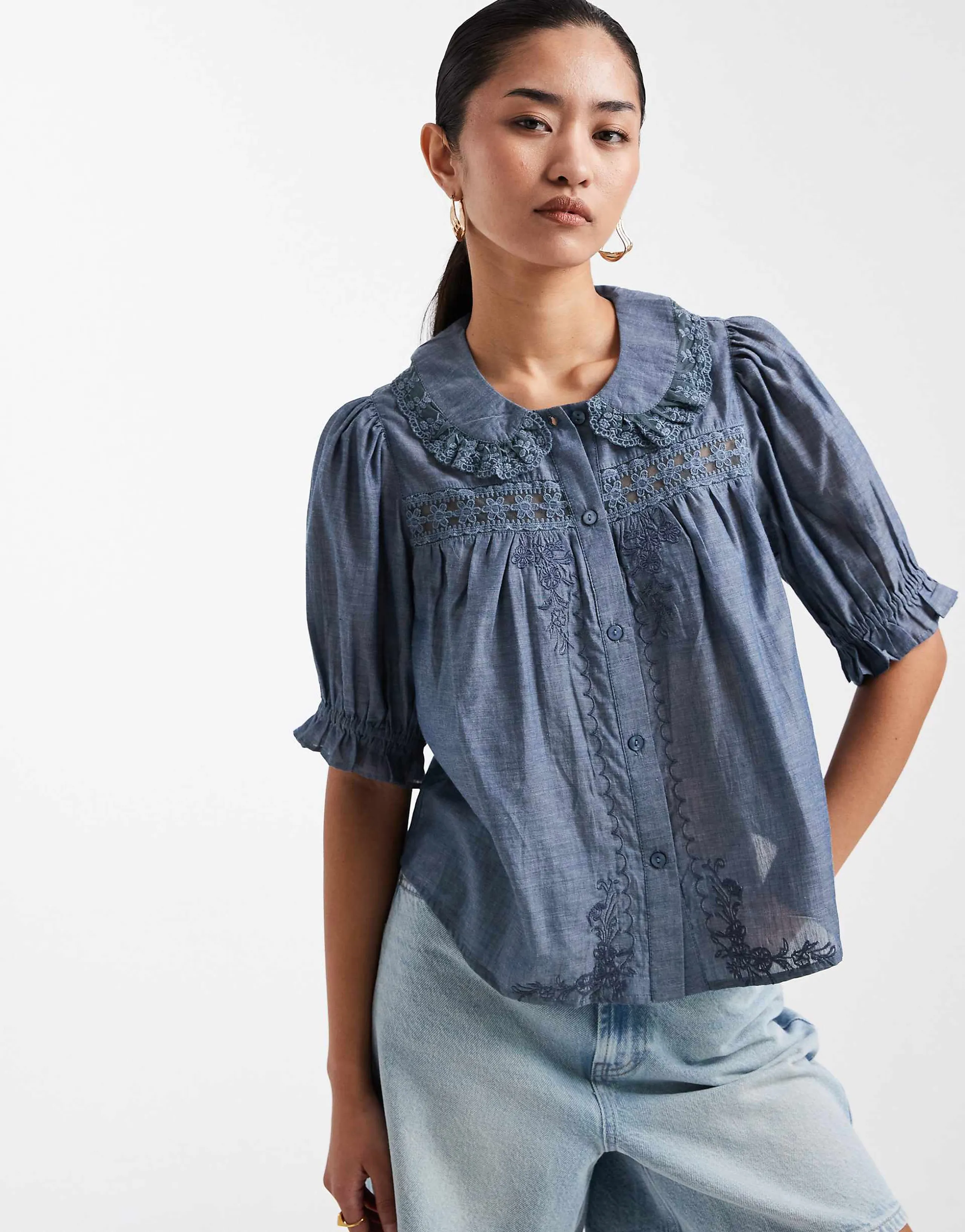 Miss Selfridge chambray peter pan collar blouse with lace detailing in mid wash