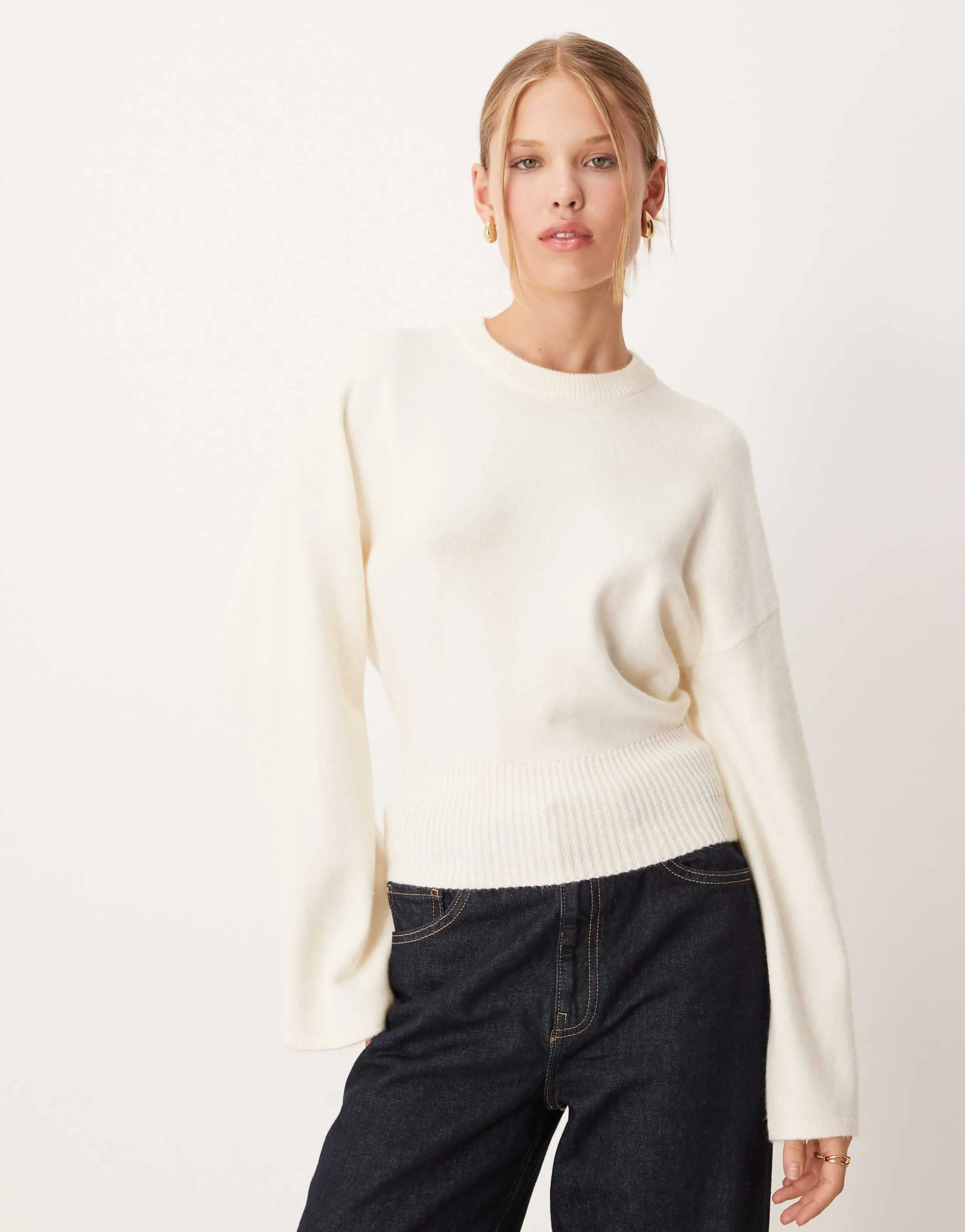 Gina Tricot crew neck wide sleeve knit sweater in ivory