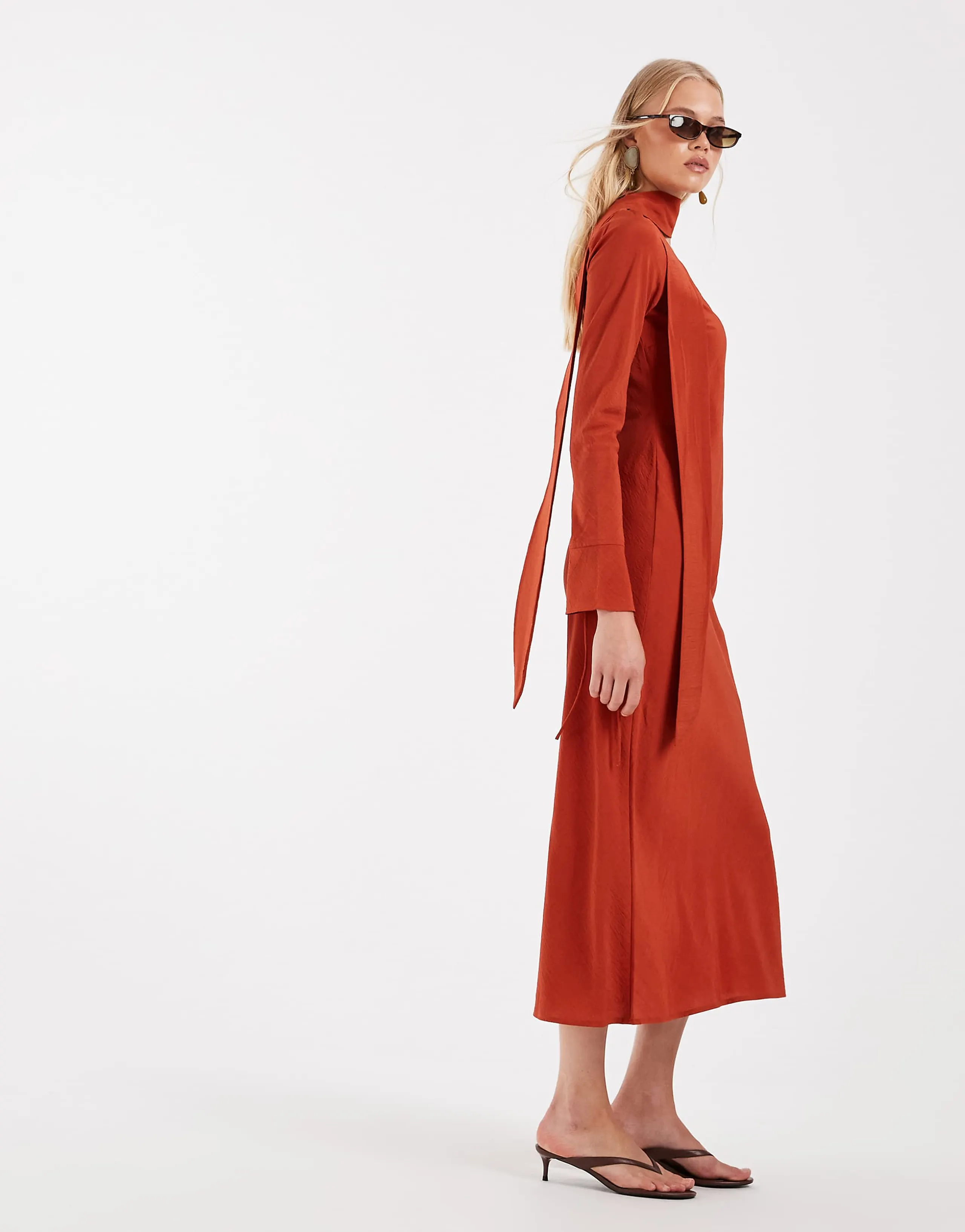 ASOS DESIGN techy fabric scoop neck long sleeve maxi dress with scarf in rust