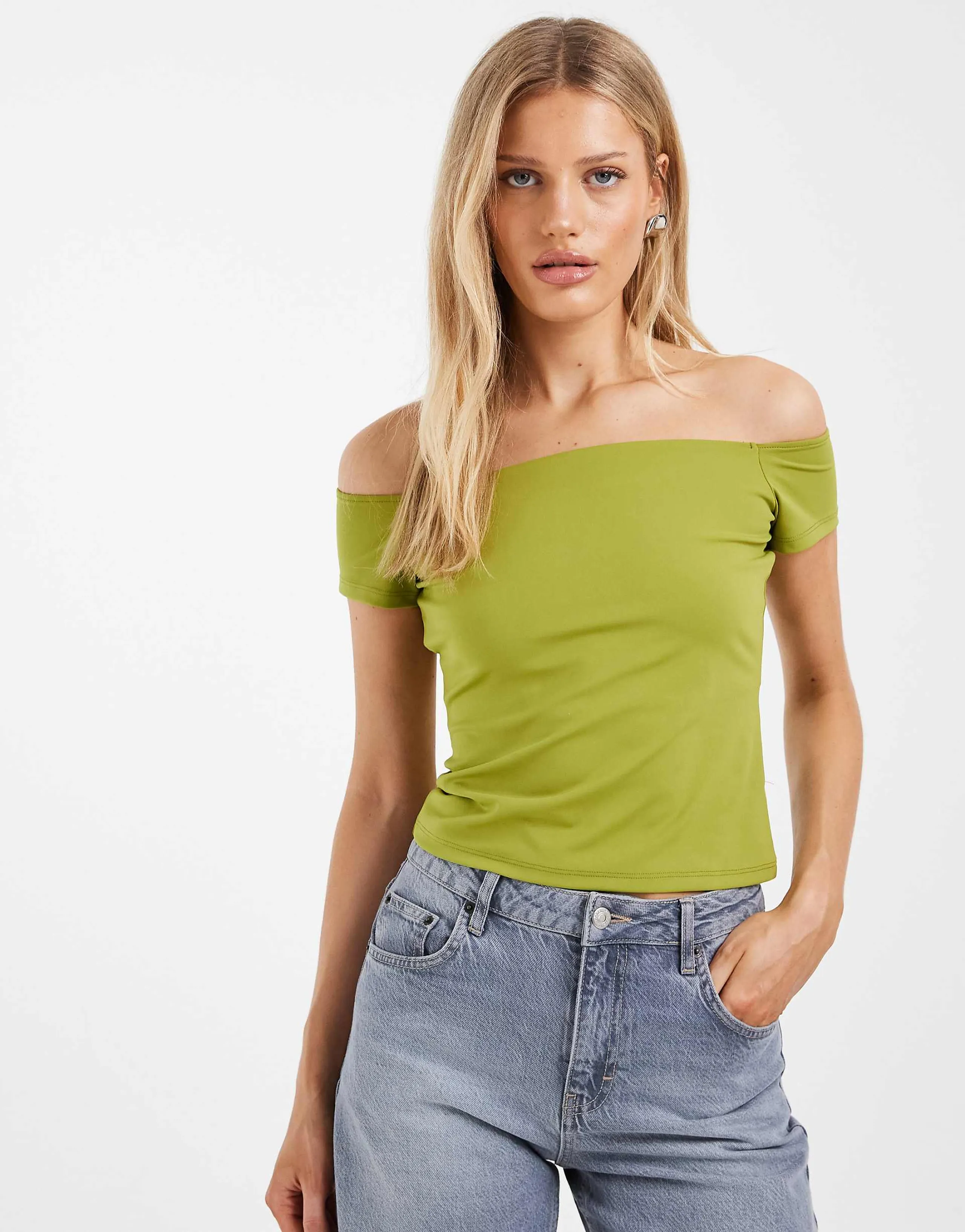 ASOS DESIGN Sculpting off the shoulder short sleeve top in green