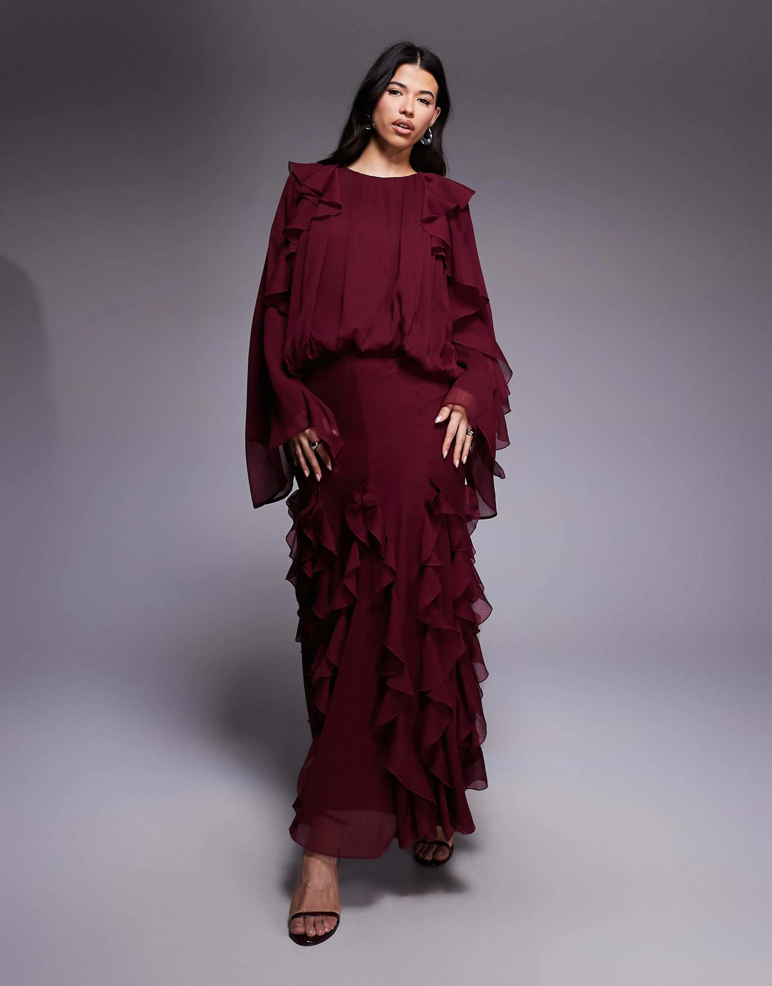ASOS DESIGN blouson maxi dress with waterfall ruffle skirt in mulberry