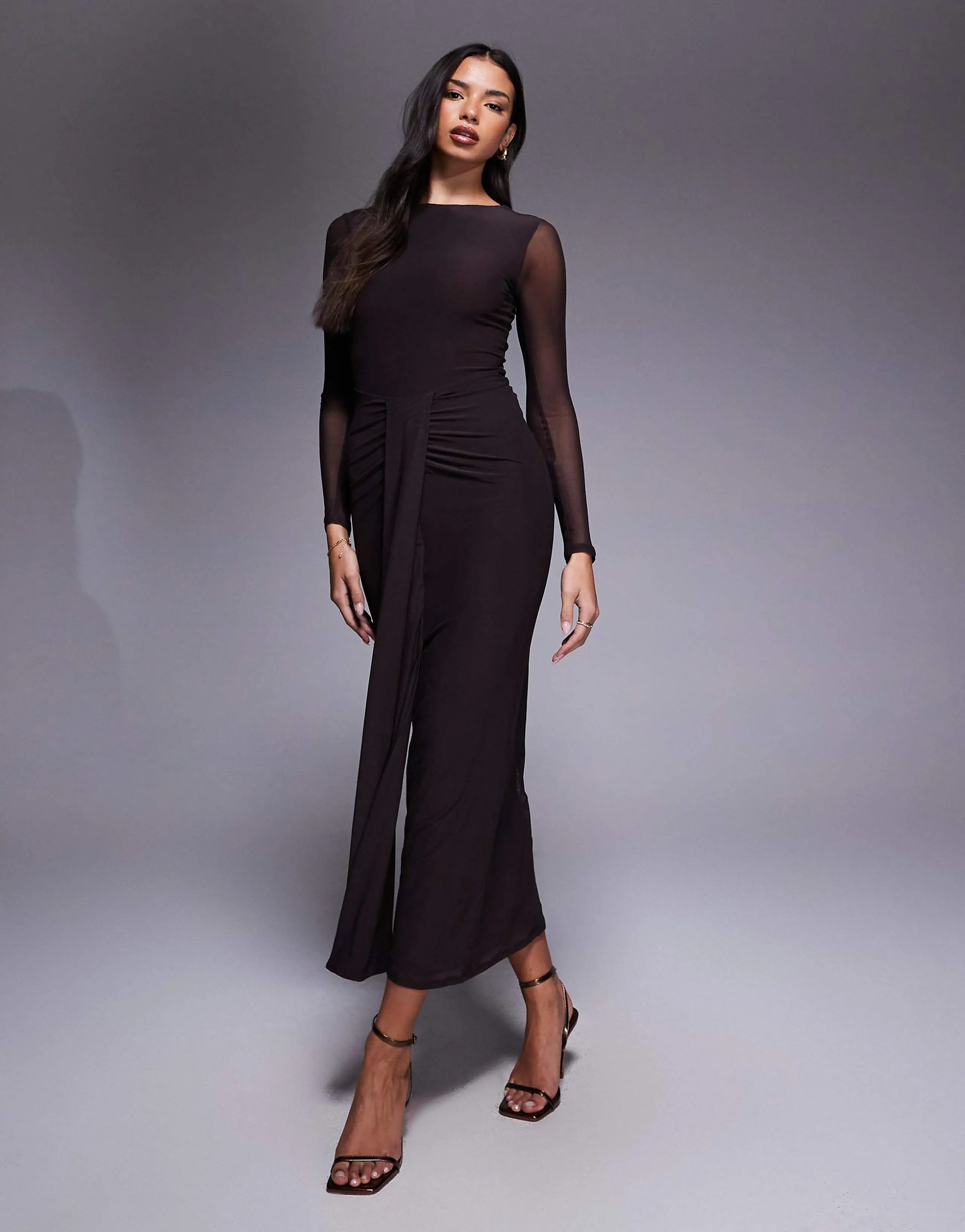 ASOS DESIGN mesh long sleeve slash neck open back maxi dress with sash in chocolate