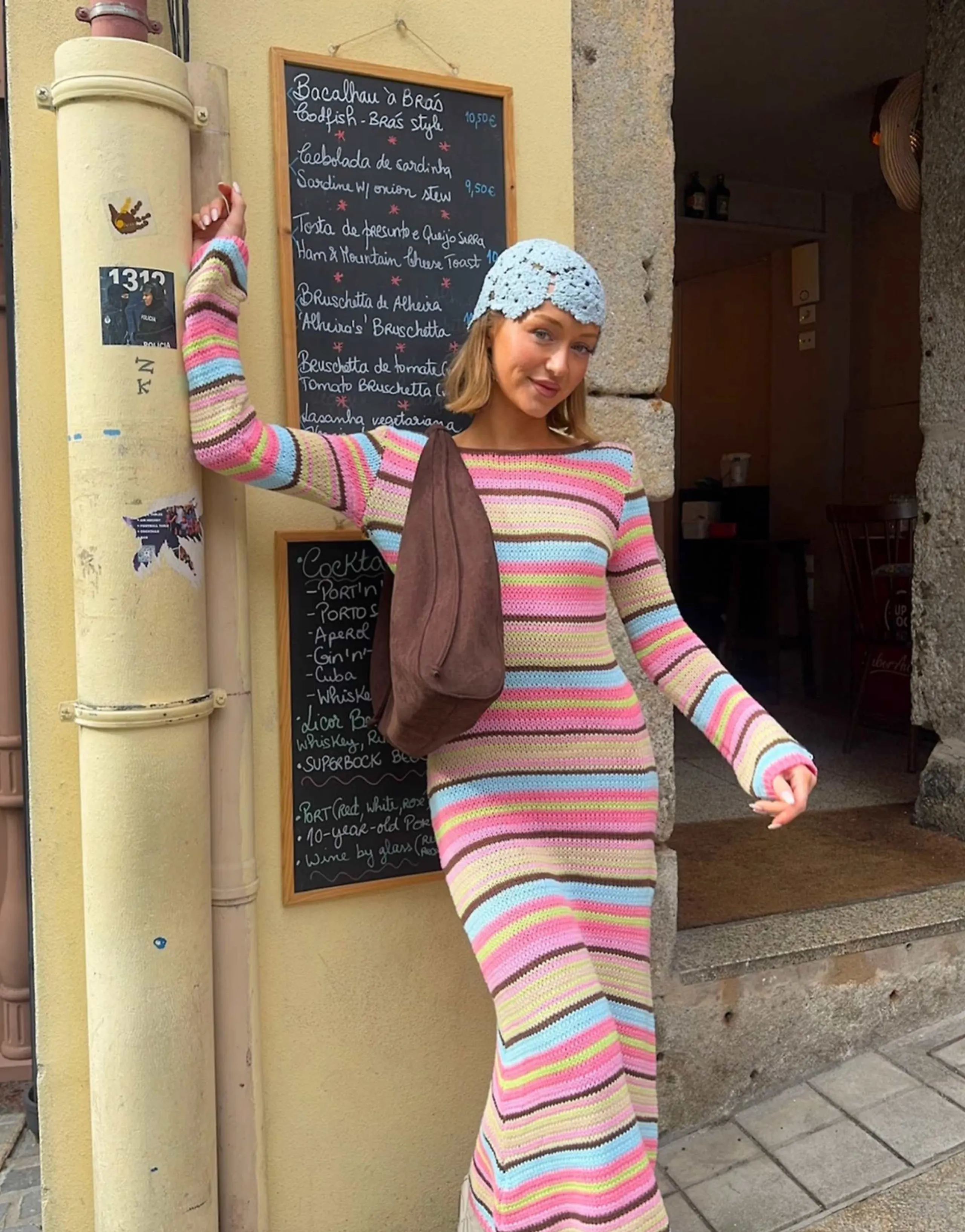 Kiwi & Co knit open back flare sleeve beach coverup maxi dress in multi stripe