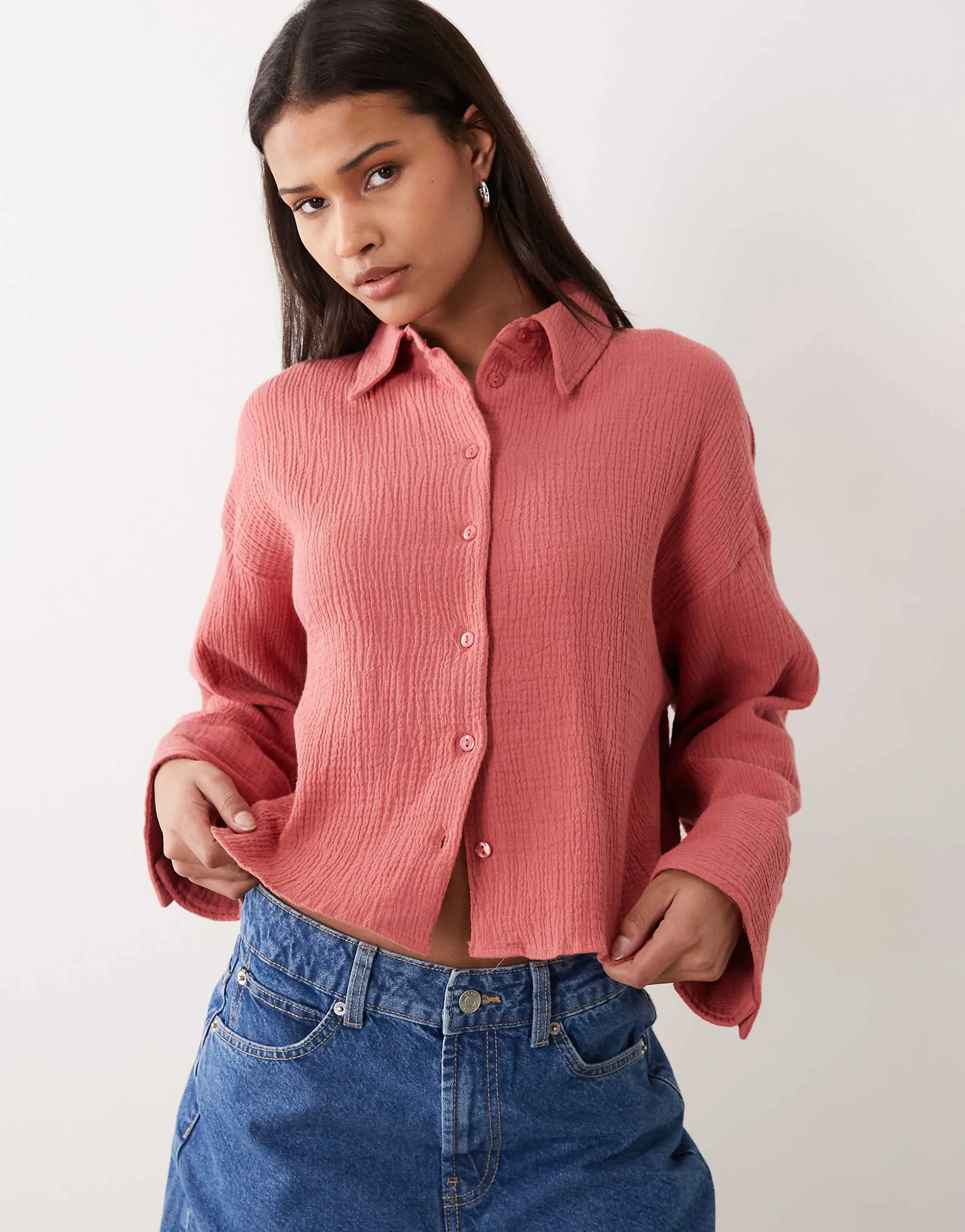 ASOS DESIGN cropped textured cotton shirt in pink