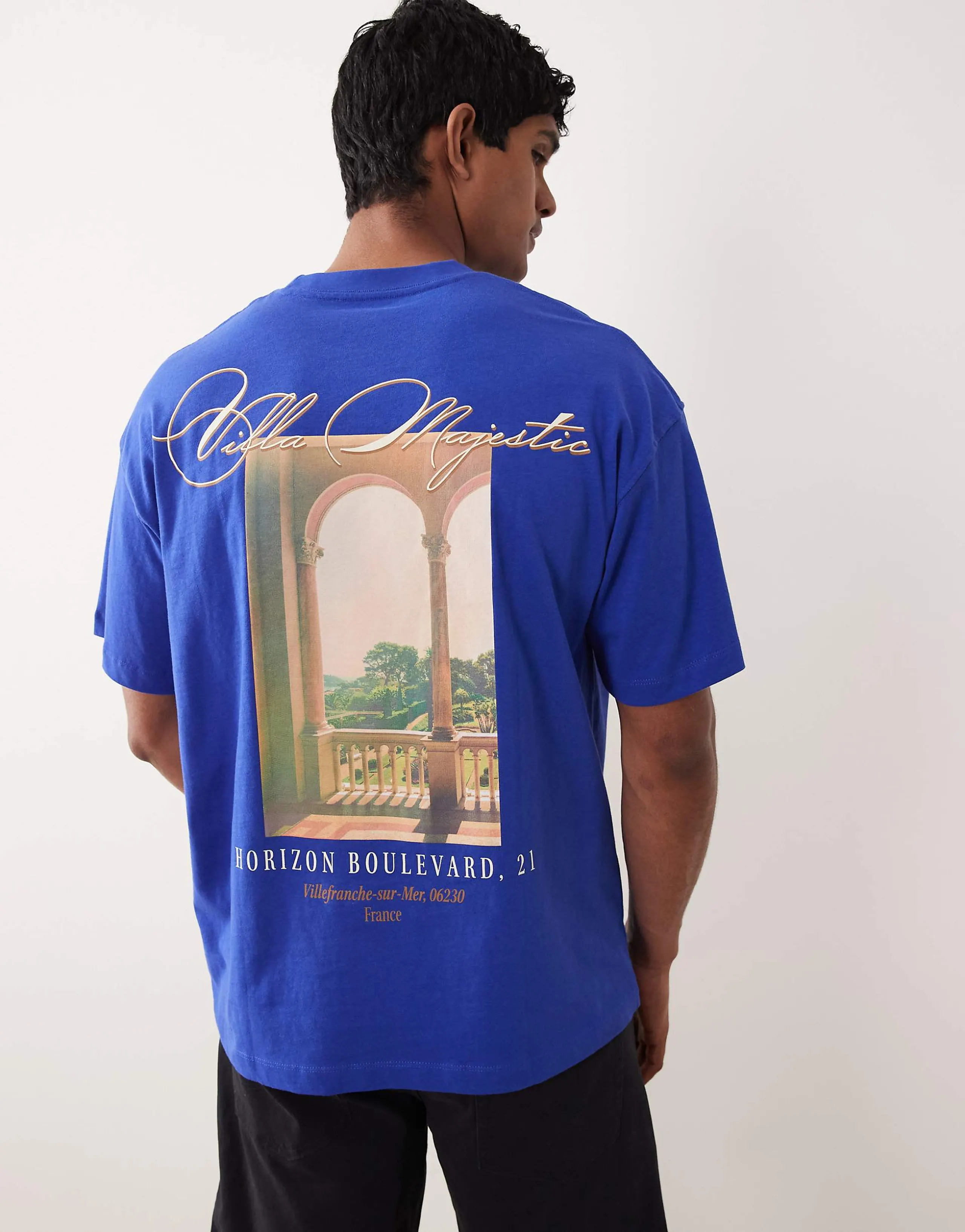 Jack & Jones oversized t-shirt with scenic back print in bright blue