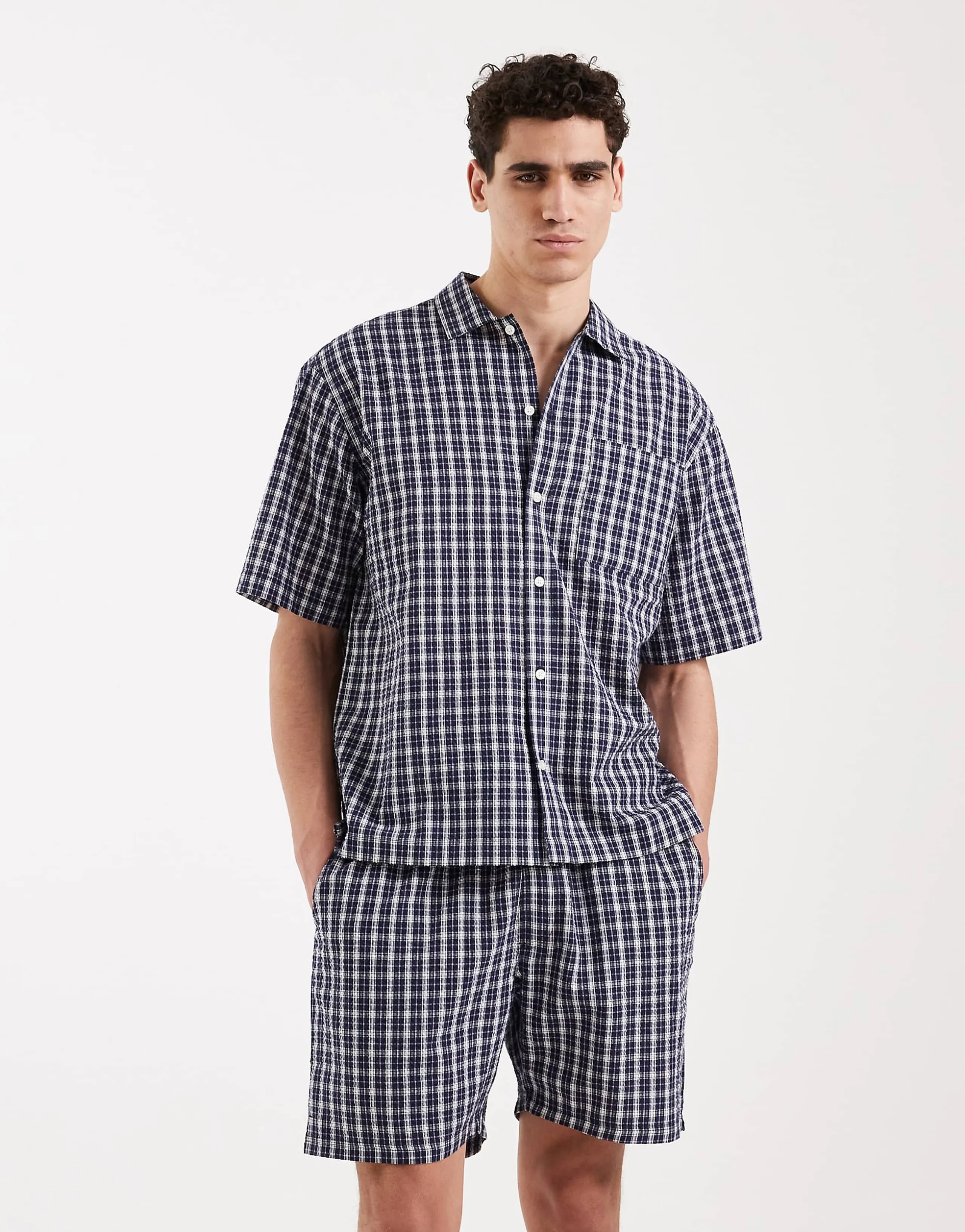 Redefined Rebel Slade comfort fit plaid shorts in navy - part of a set 