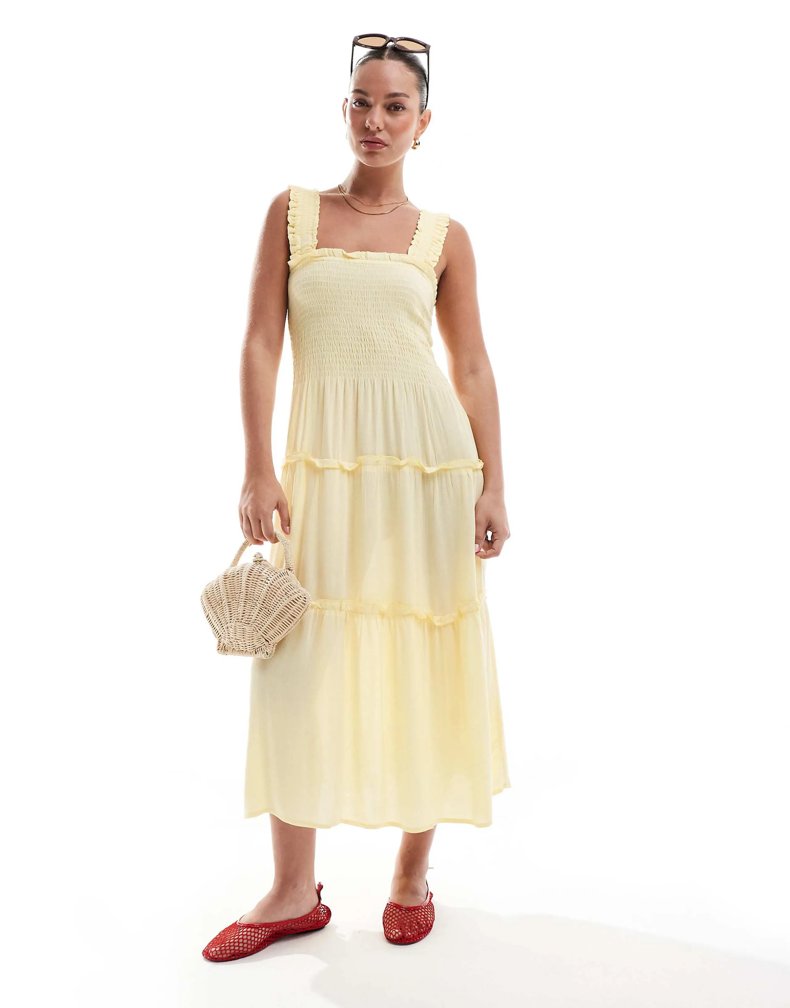 Vero Moda shirred cami midi dress in pale banana