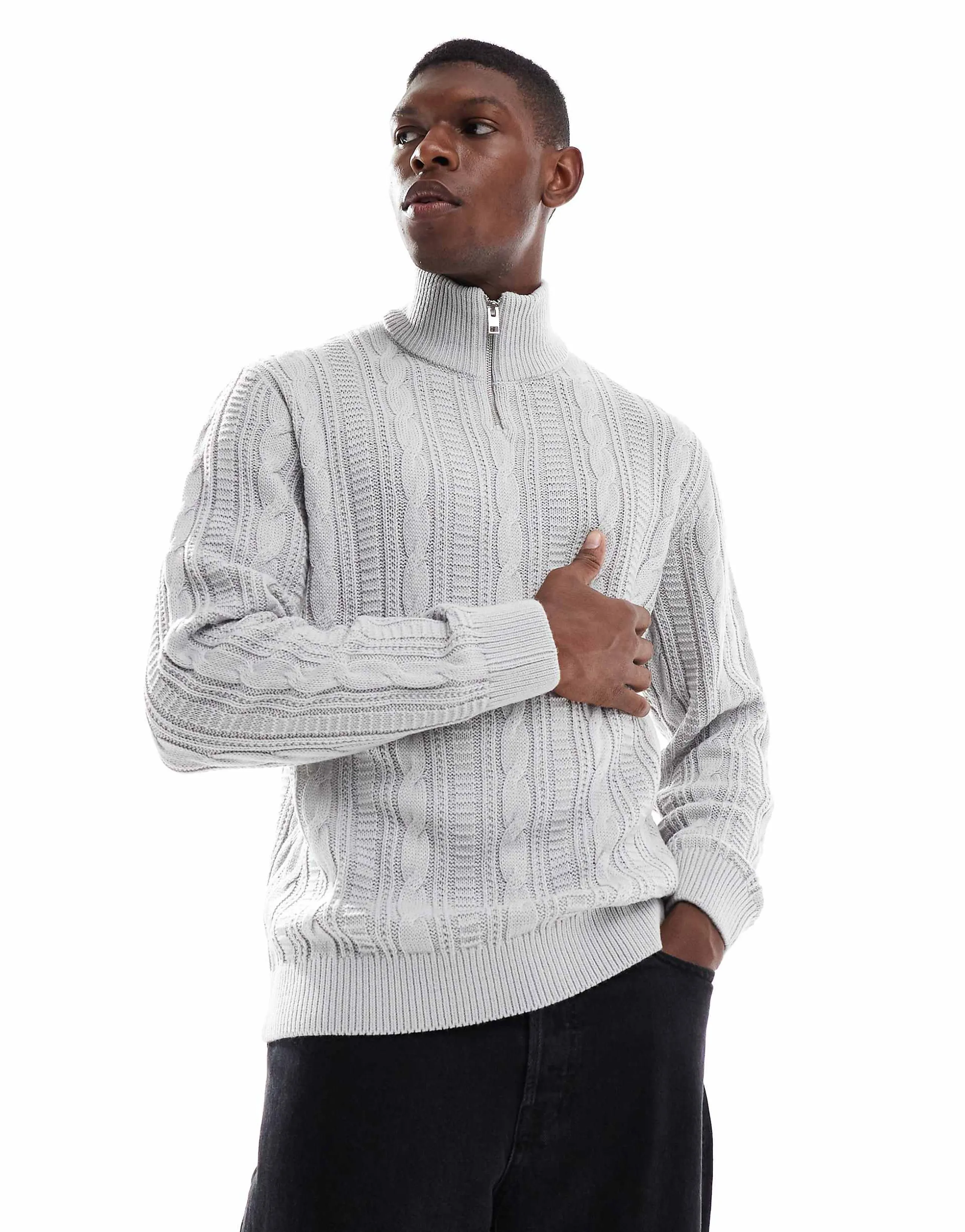 JJ Rebel cable knit 1/4 zip sweater in gray
