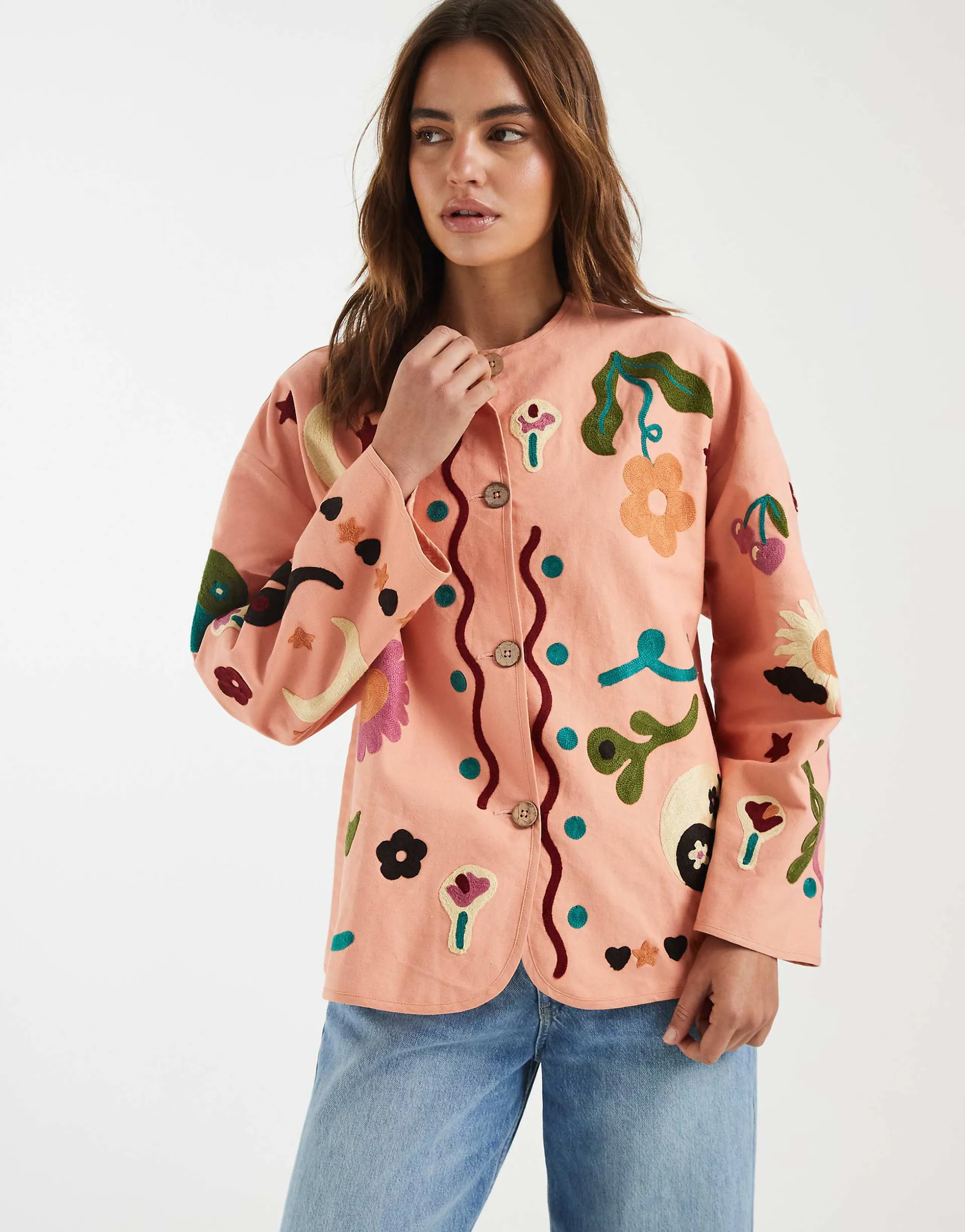 ASOS DESIGN embroidered collarless jacket in peach