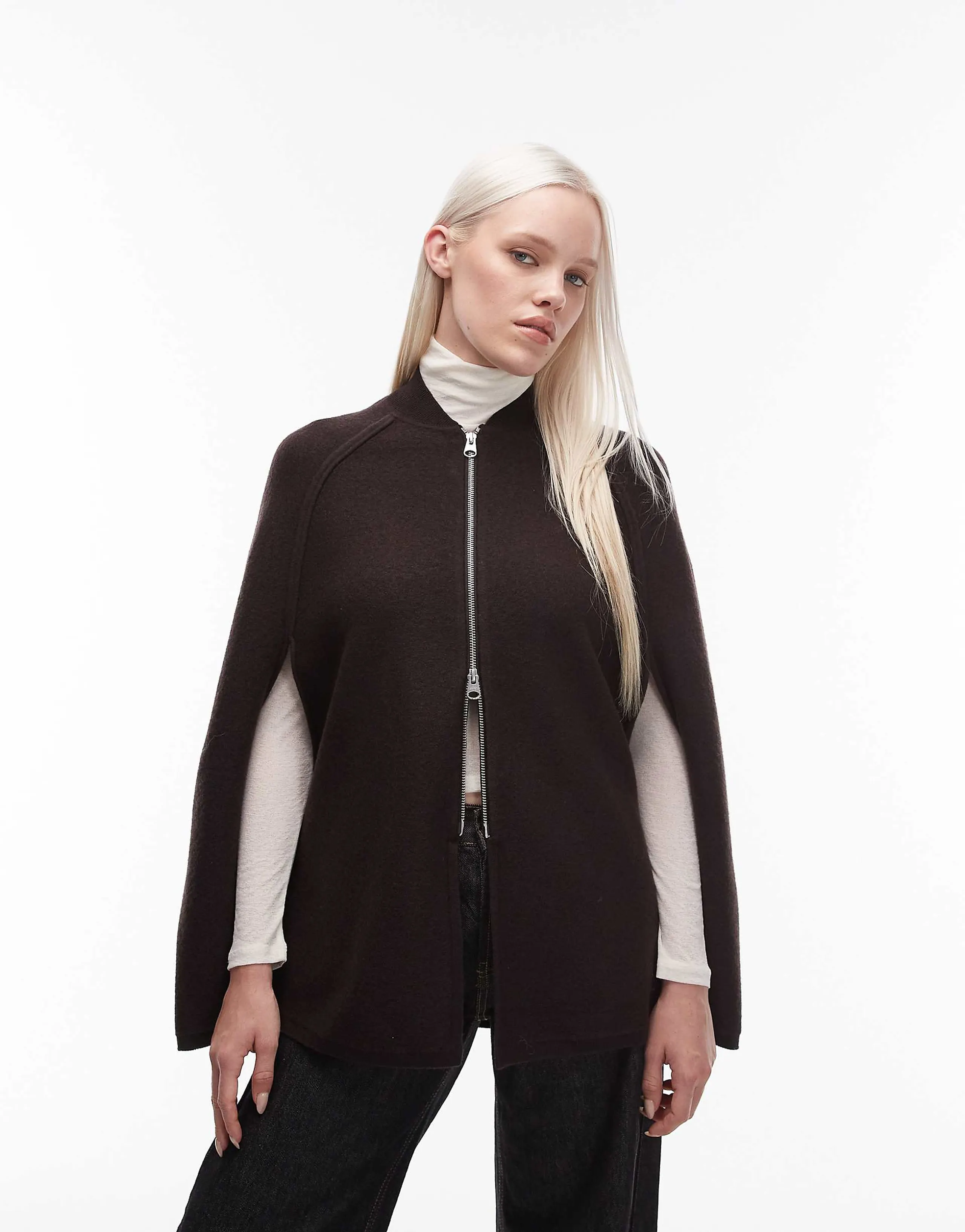 ARKET pure wool zip up cape top in dark brown