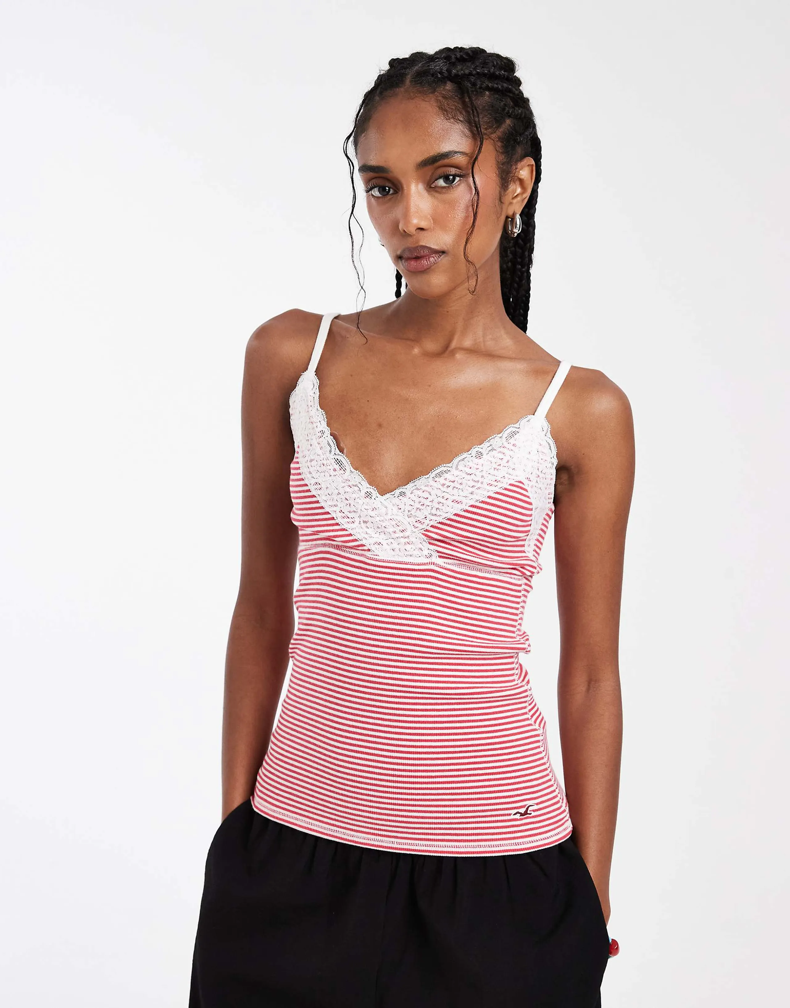 Hollister lace trim cami in white and red stripes