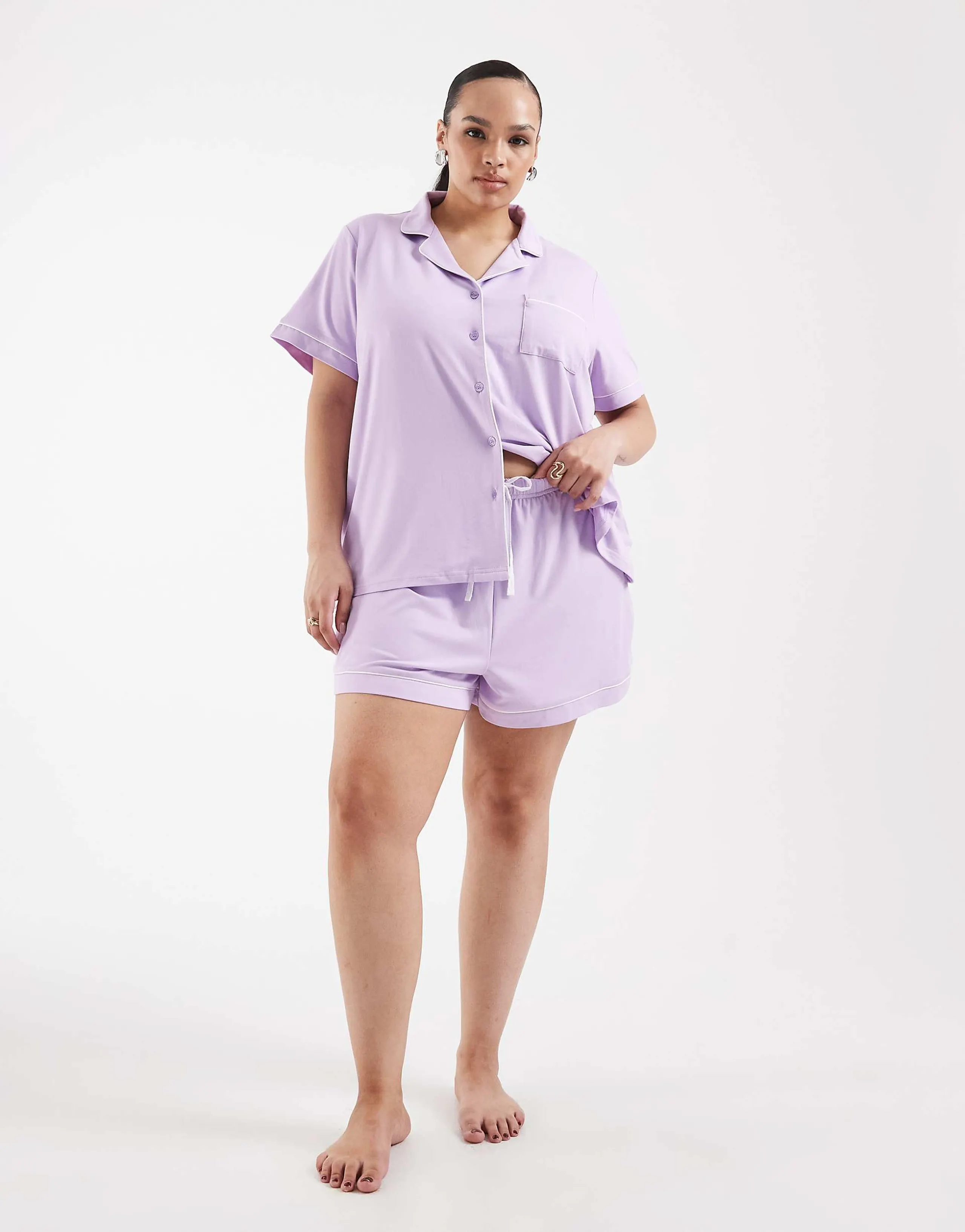 Loungeable Curve super soft jersey camp collar top and shorts set in lilac