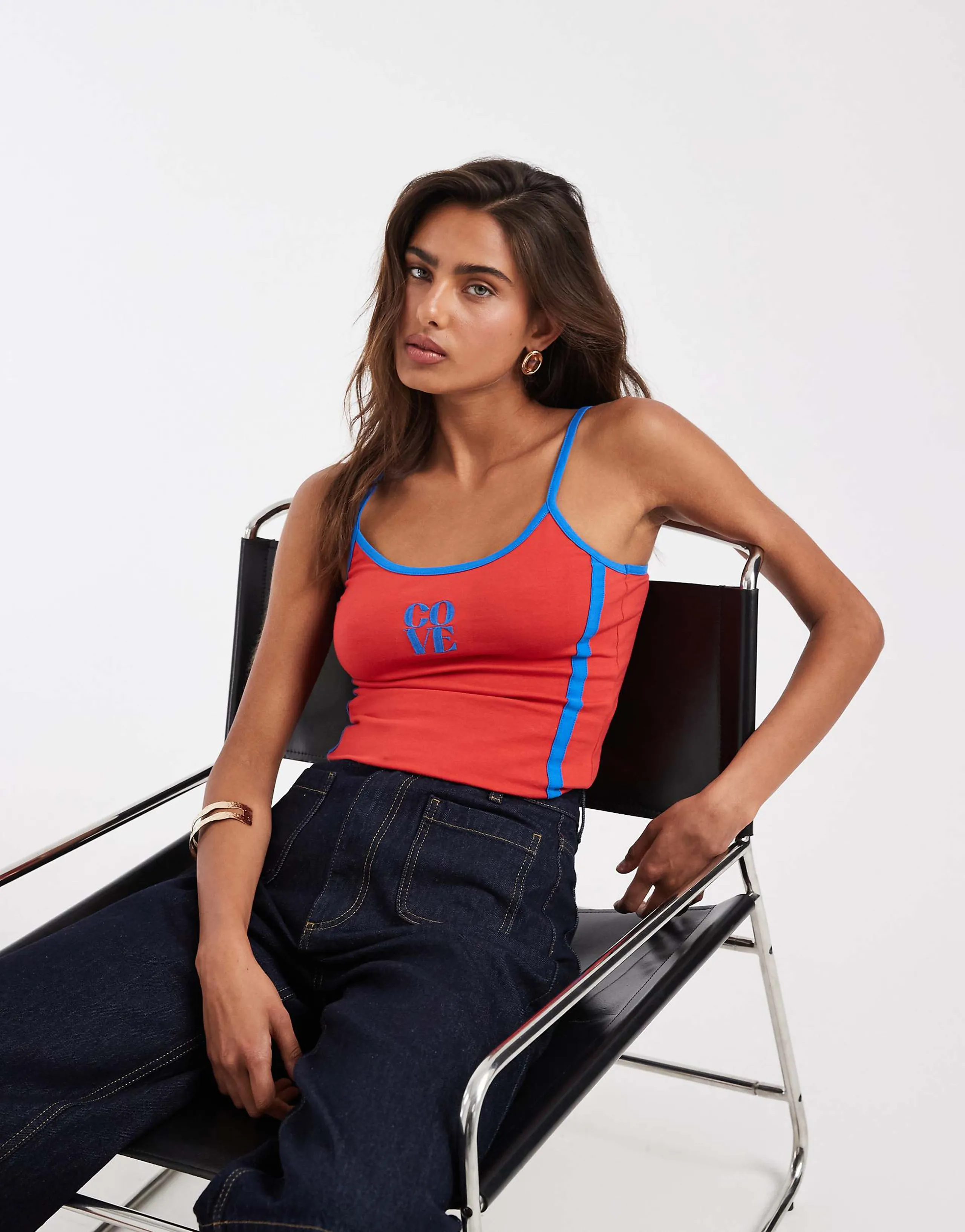 ASOS DESIGN contrast strap cami with Cove graphic in red and blue