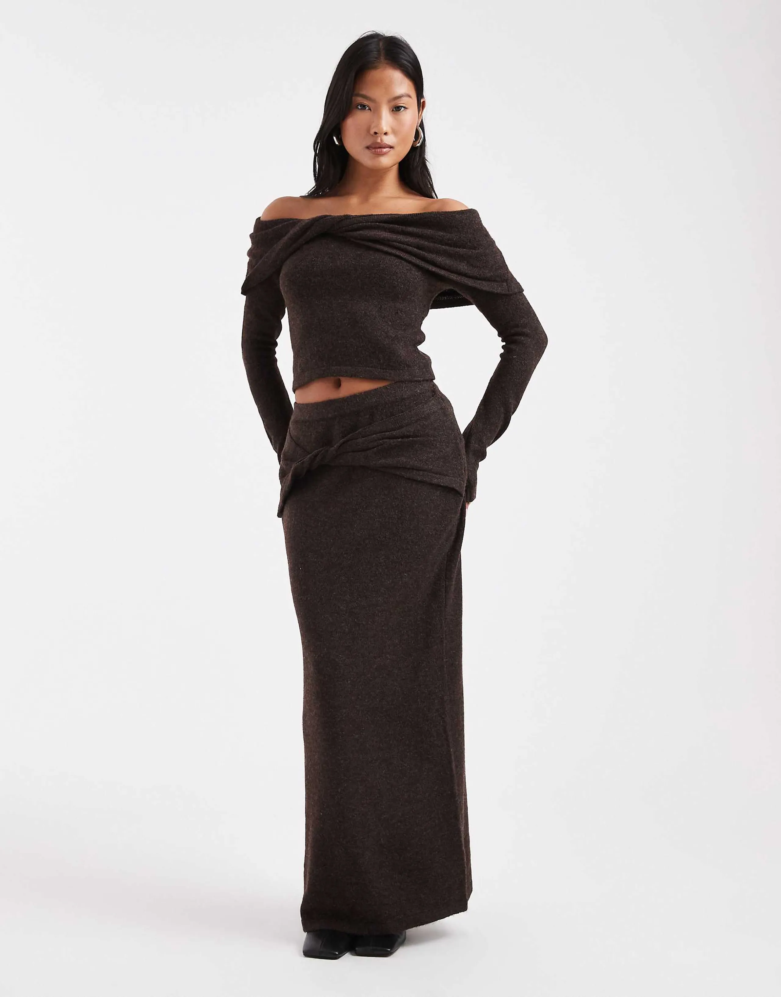4th & Reckless Petite knit twisted detail maxi skirt in chocolate - part of a set