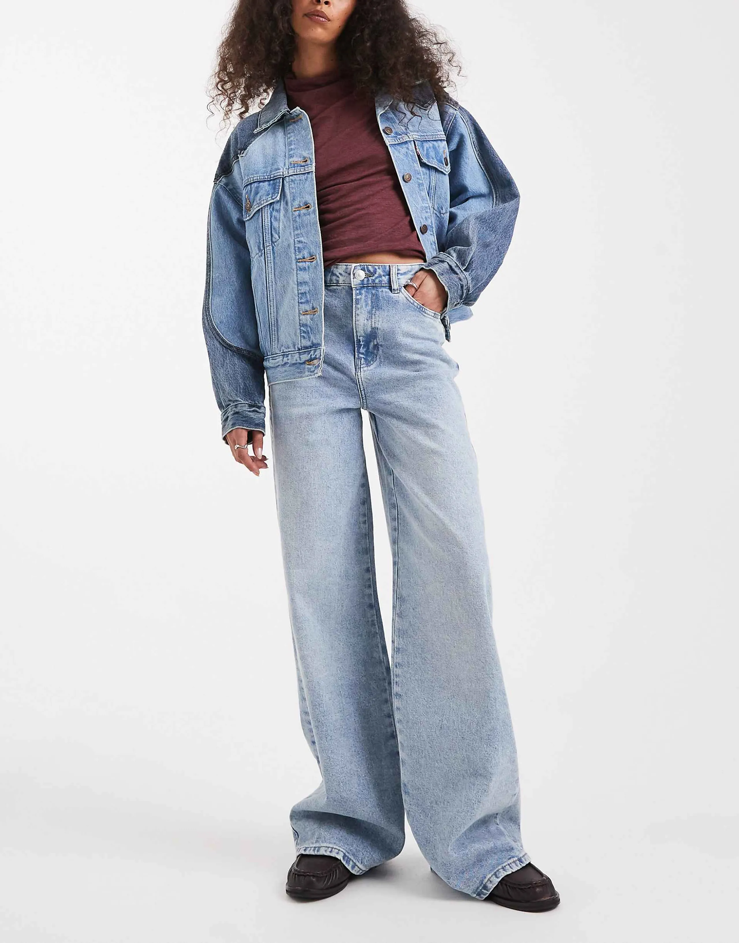 Pieces Selma high waisted wide leg jean in light blue denim