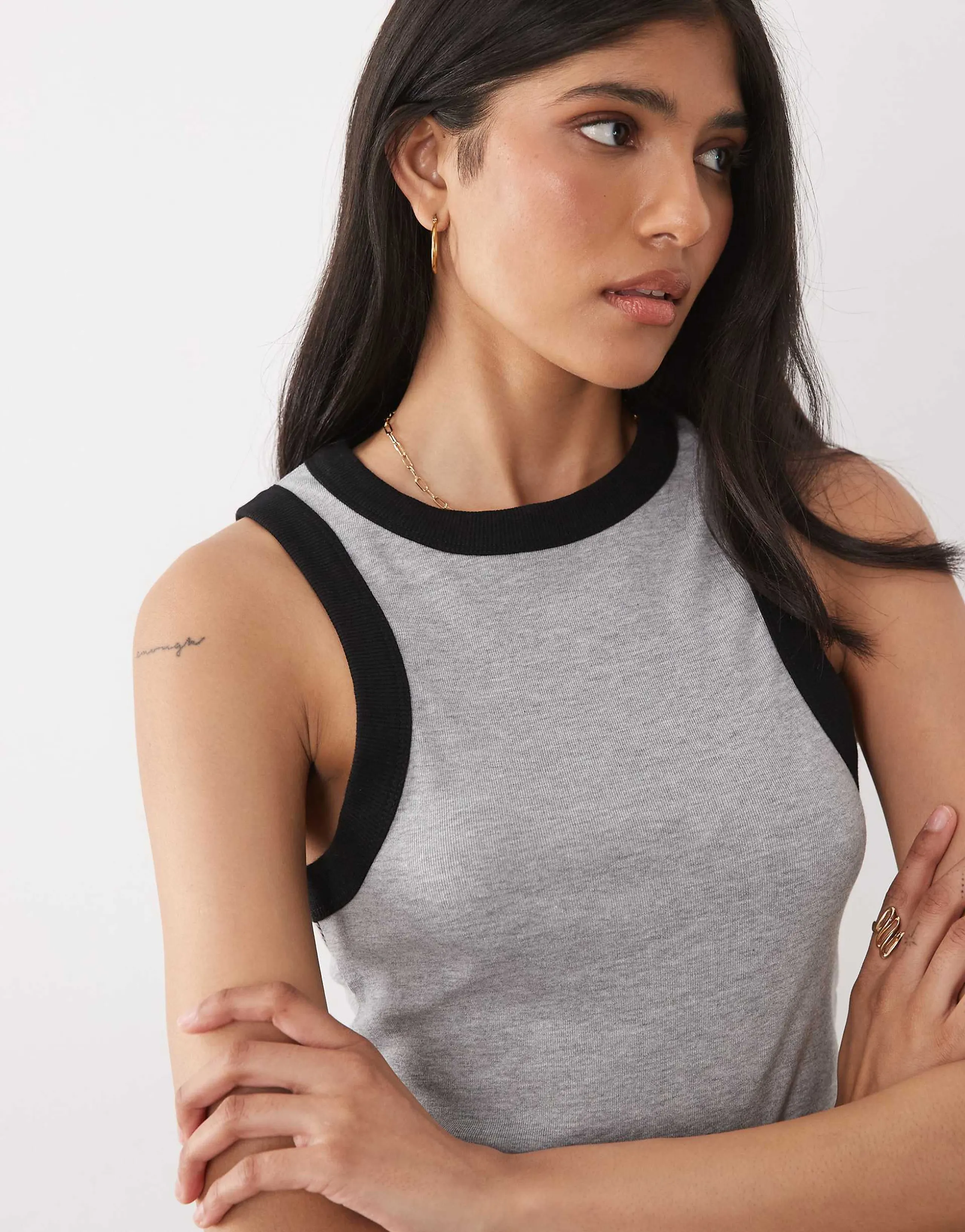 ASOS DESIGN ribbed racer tank top with contrast hems in gray heather and black