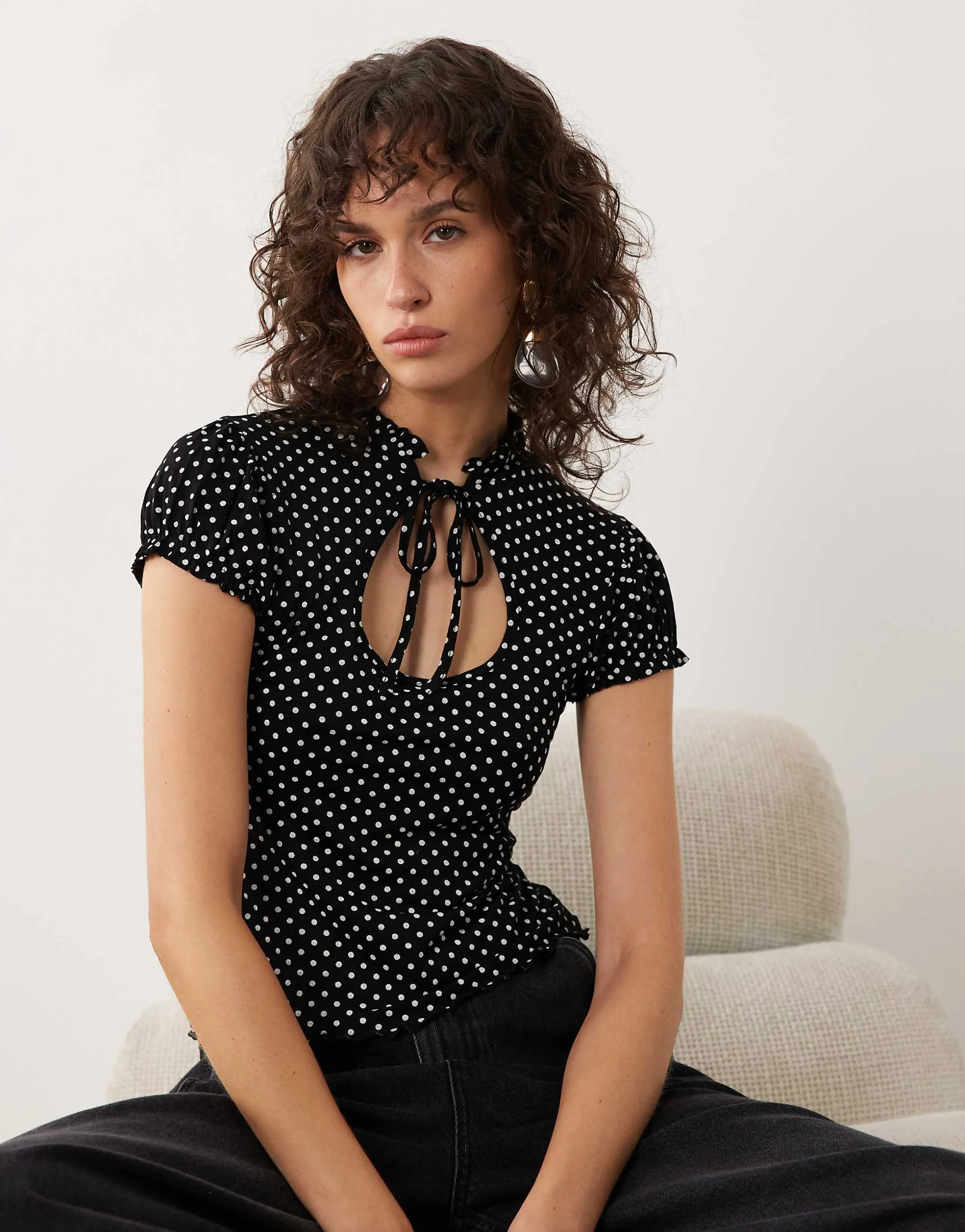 Miss Selfridge cap sleeve keyhole top in black polka dot