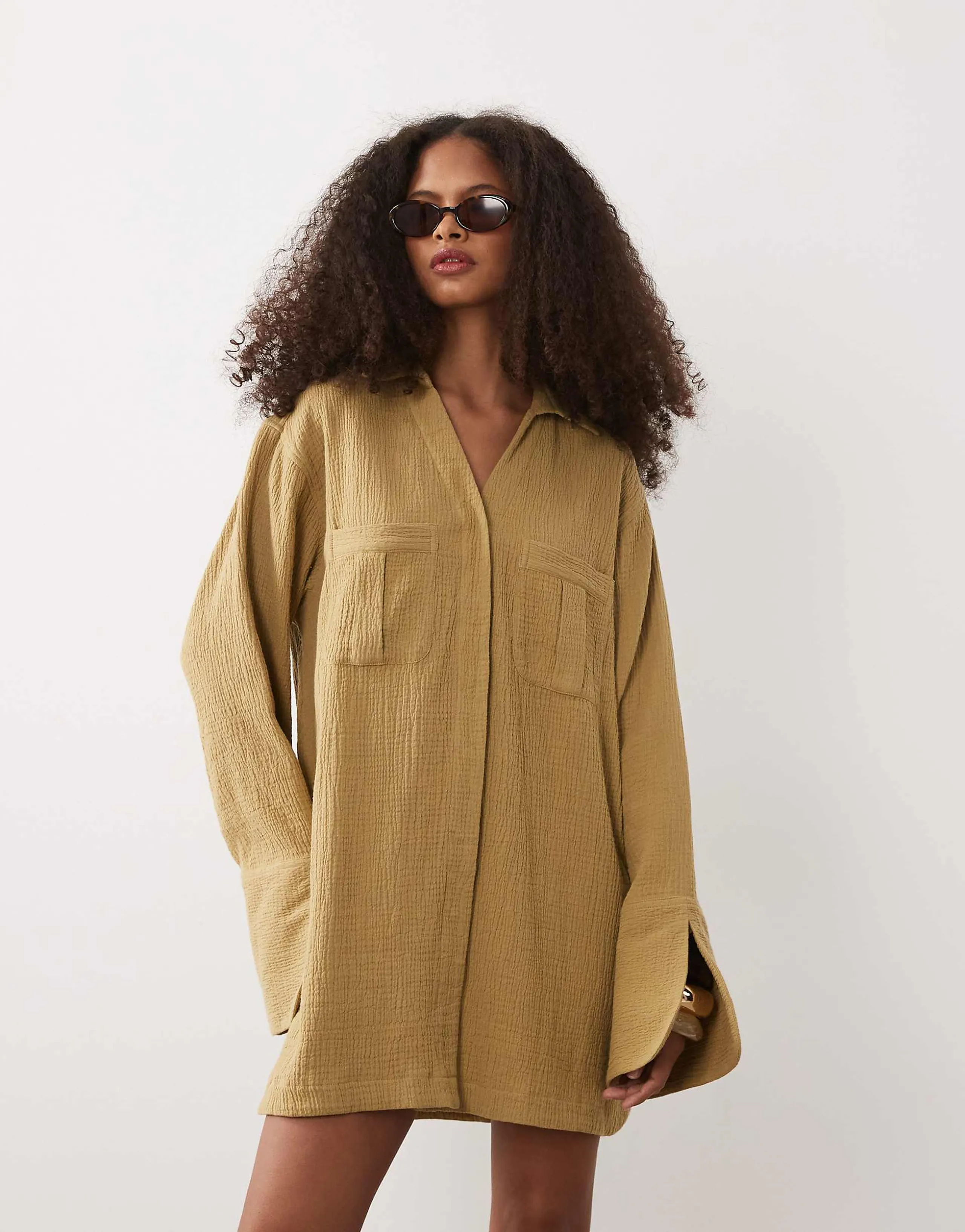 ASOS DESIGN double cloth mini shirt dress with wide cuffs and oversized pockets in toasted sage