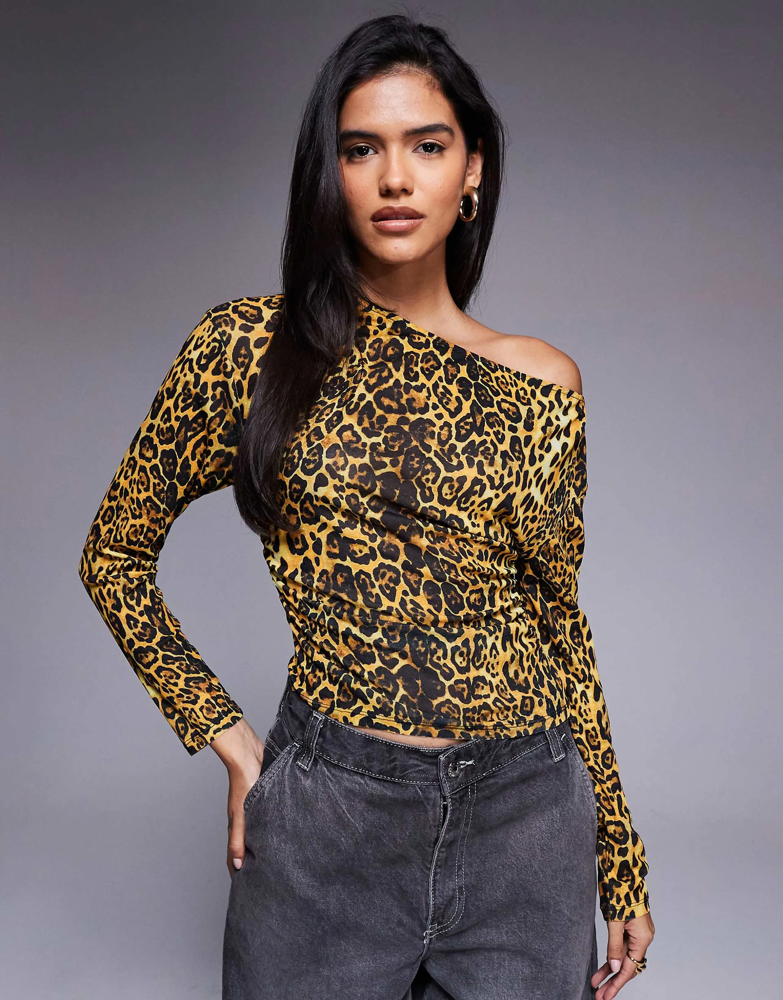 ASOS DESIGN leopard printed off the shoulder cinched top in multi
