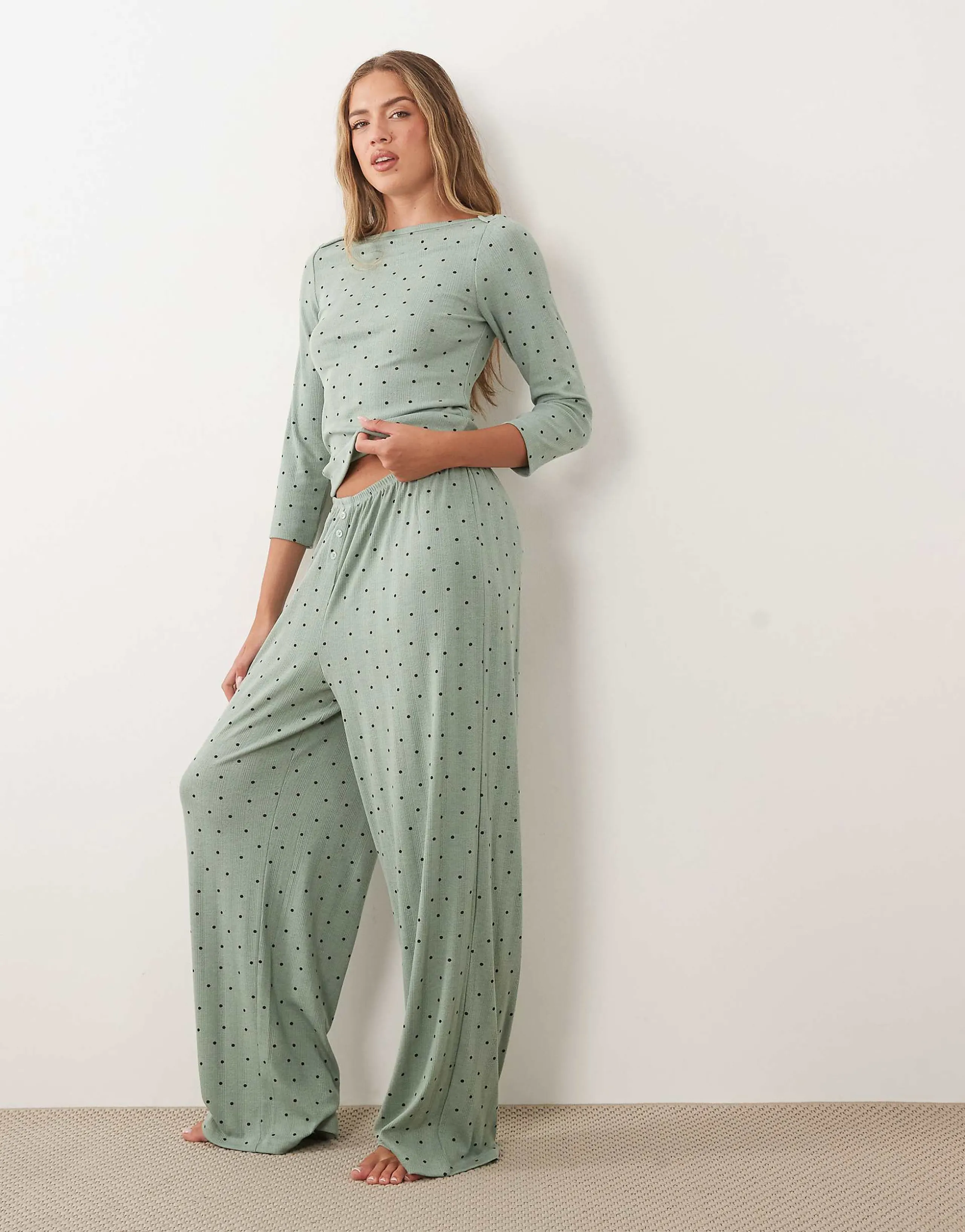 ASOS DESIGN mix & match pointelle pajama pants in green polka dot print