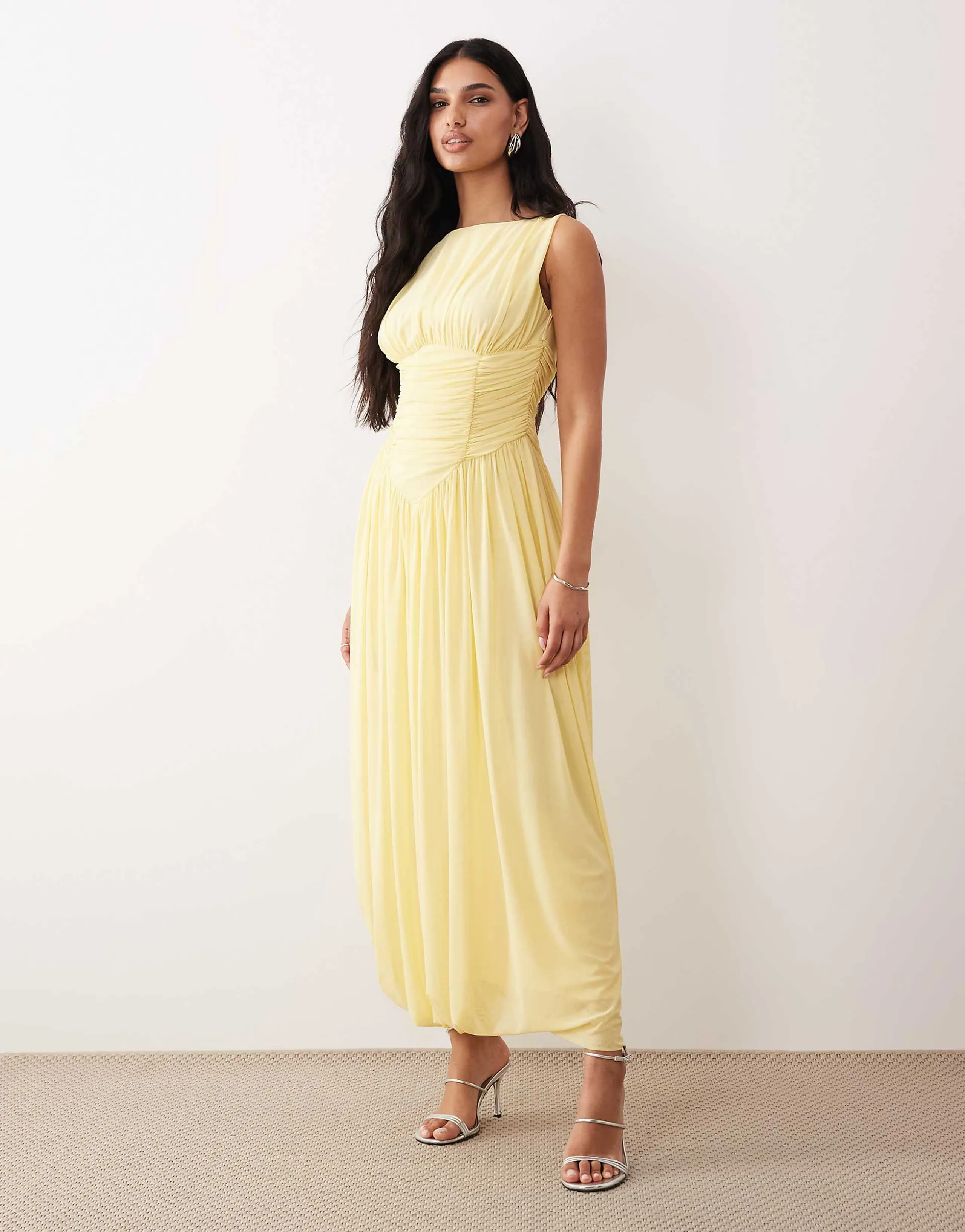 ASOS DESIGN mesh slash neck asymmetric bubble hem dress in lemon
