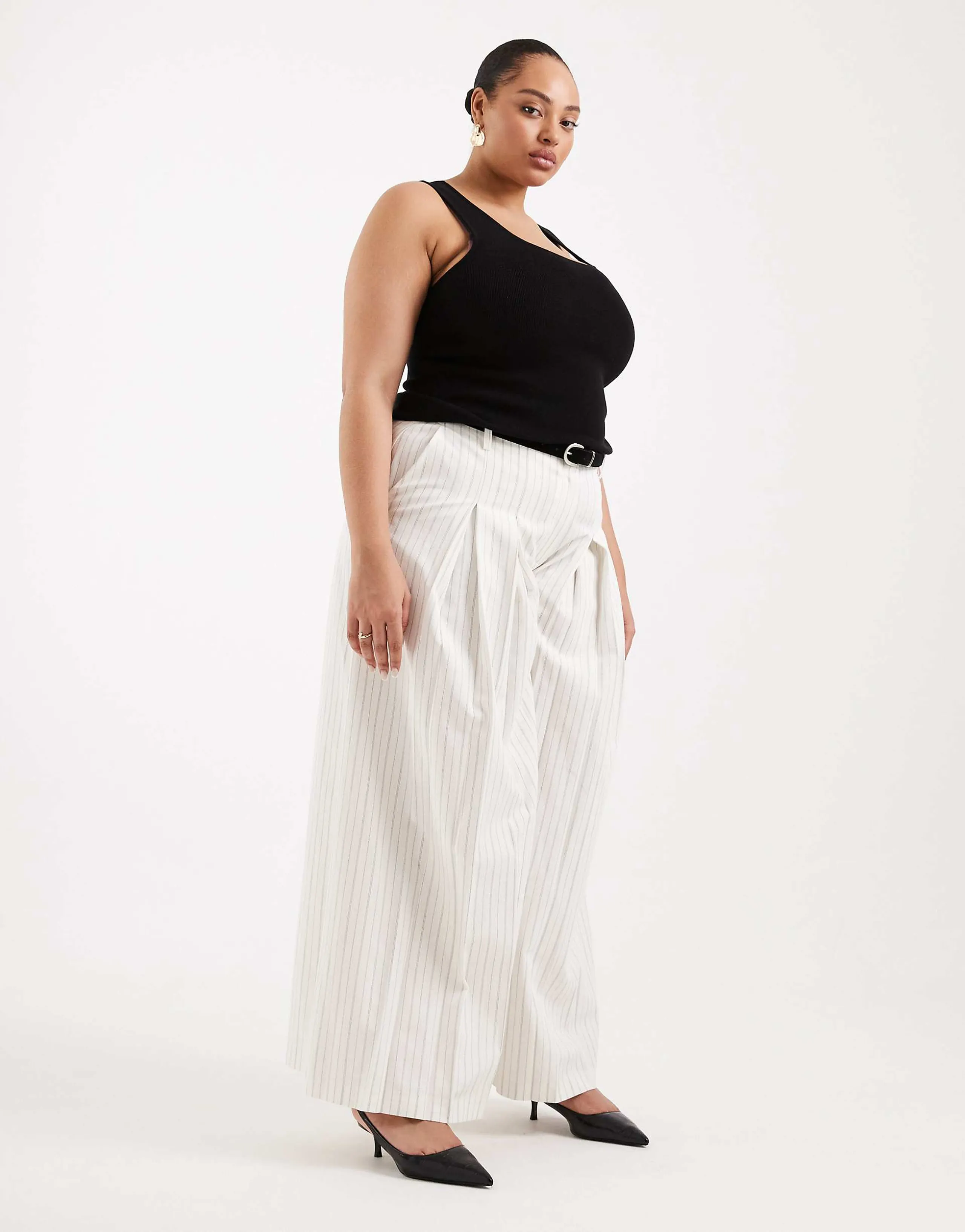 ASOS DESIGN Curve tailored belted palazzo pants with linen in ecru stripe 