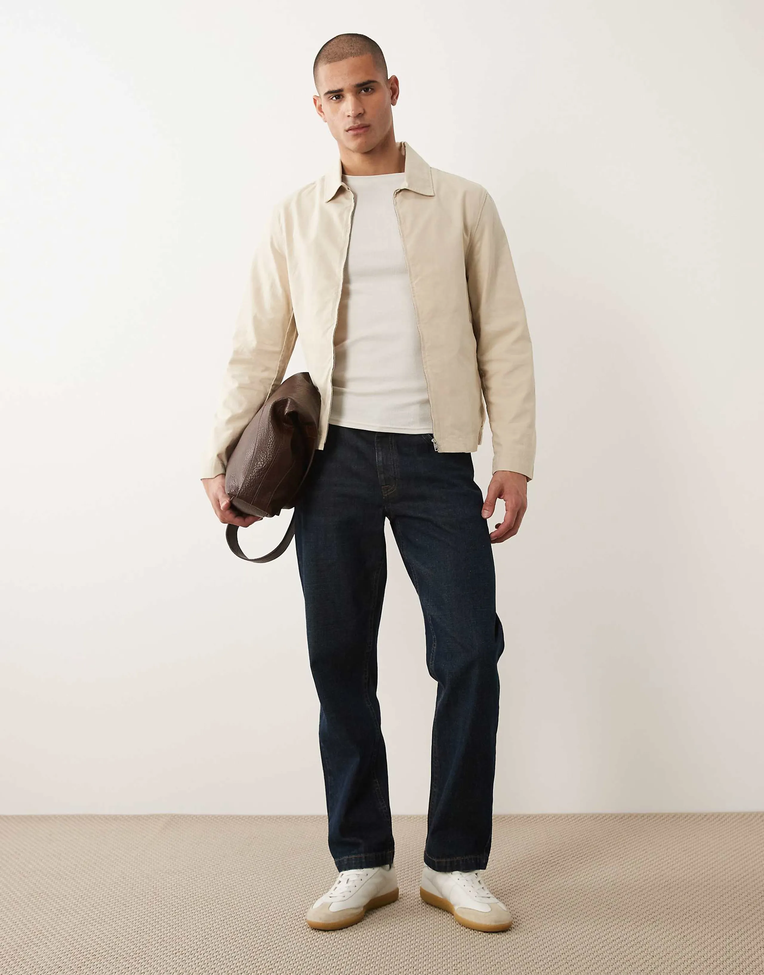 Mango cotton mix zip through Harrington jacket in beige