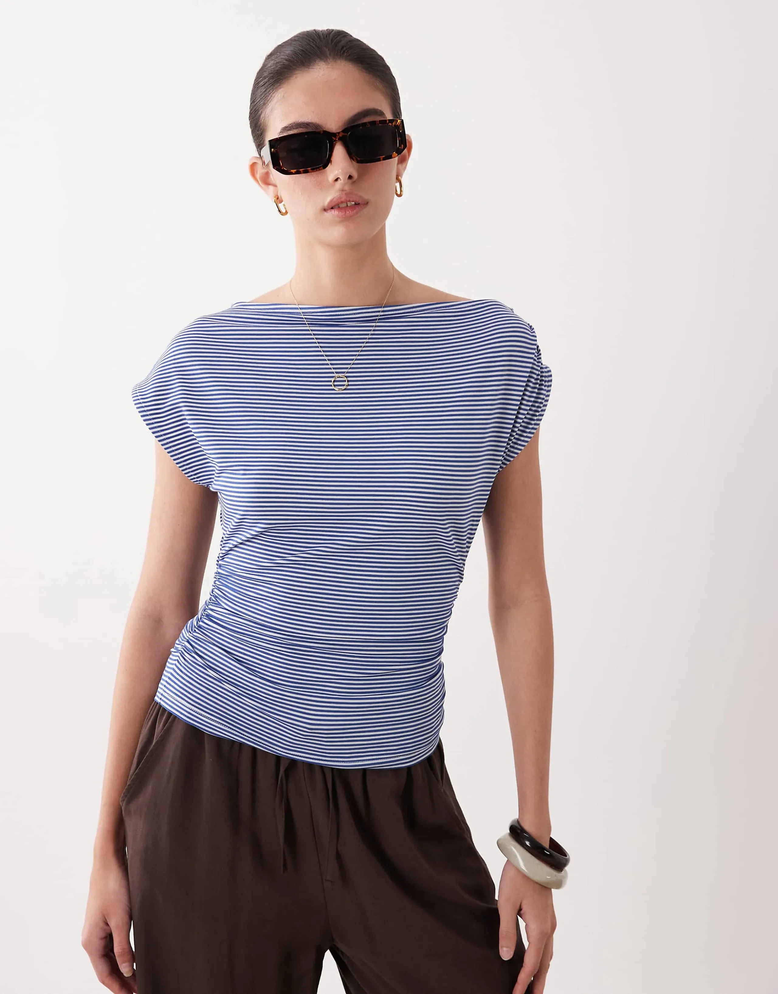 ASOS DESIGN cinched asymmetric long sleeve top in navy stripes