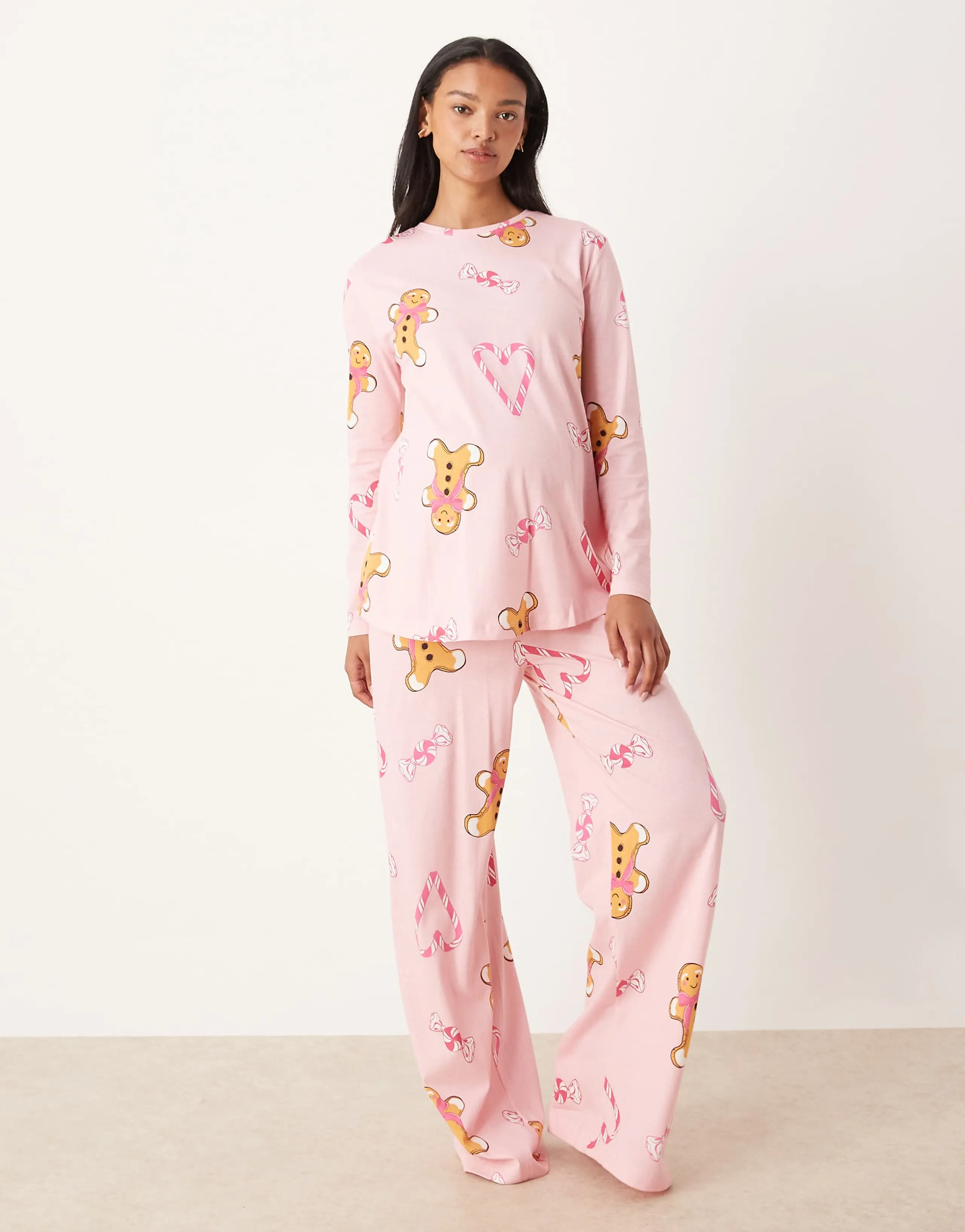 ASOS DESIGN Maternity gingerbread & candy cane long sleeve top & pants pajama set in pink heather