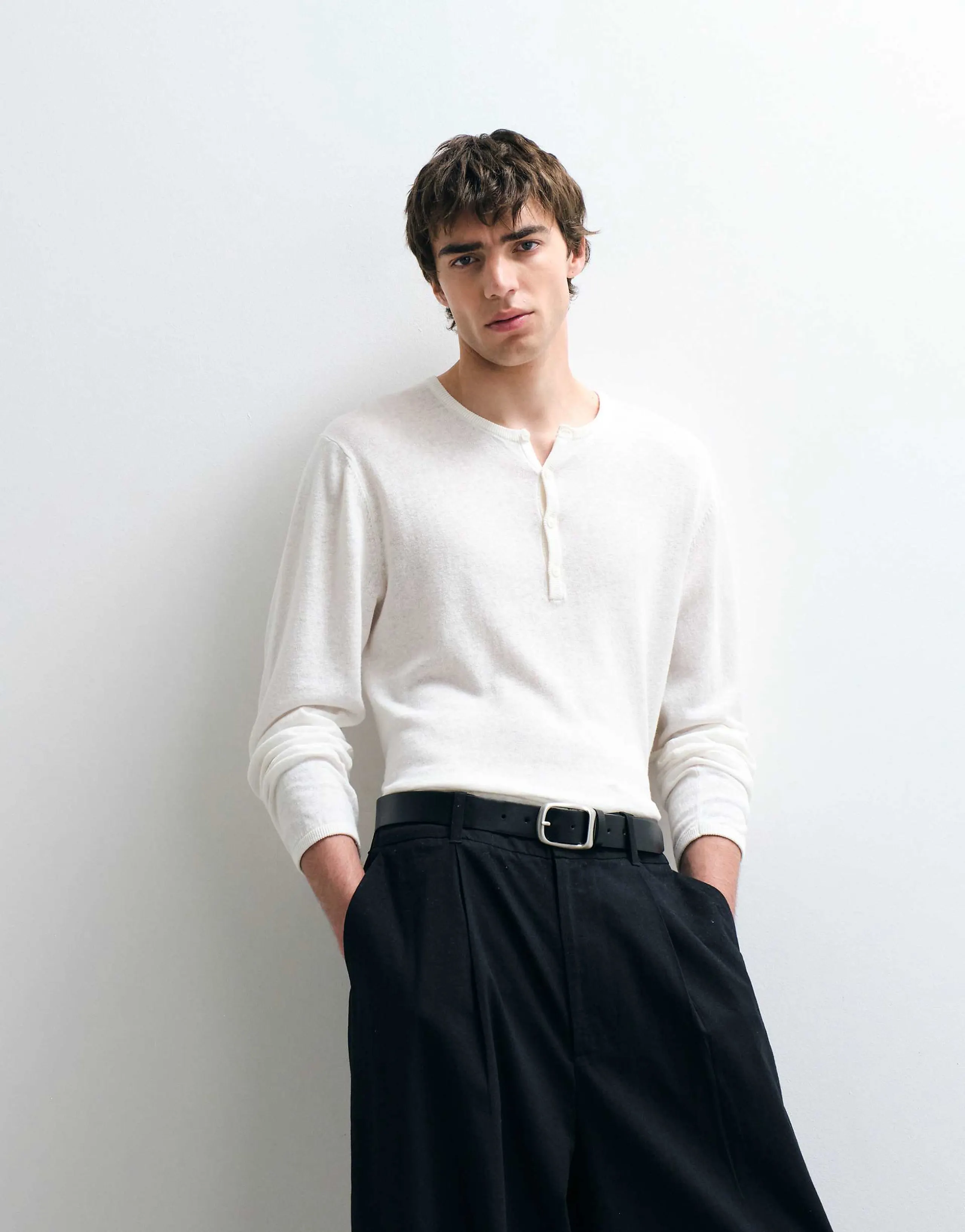 ASOS COLLECTIVE relaxed long sleeve linen rich henley T-shirt in ecru