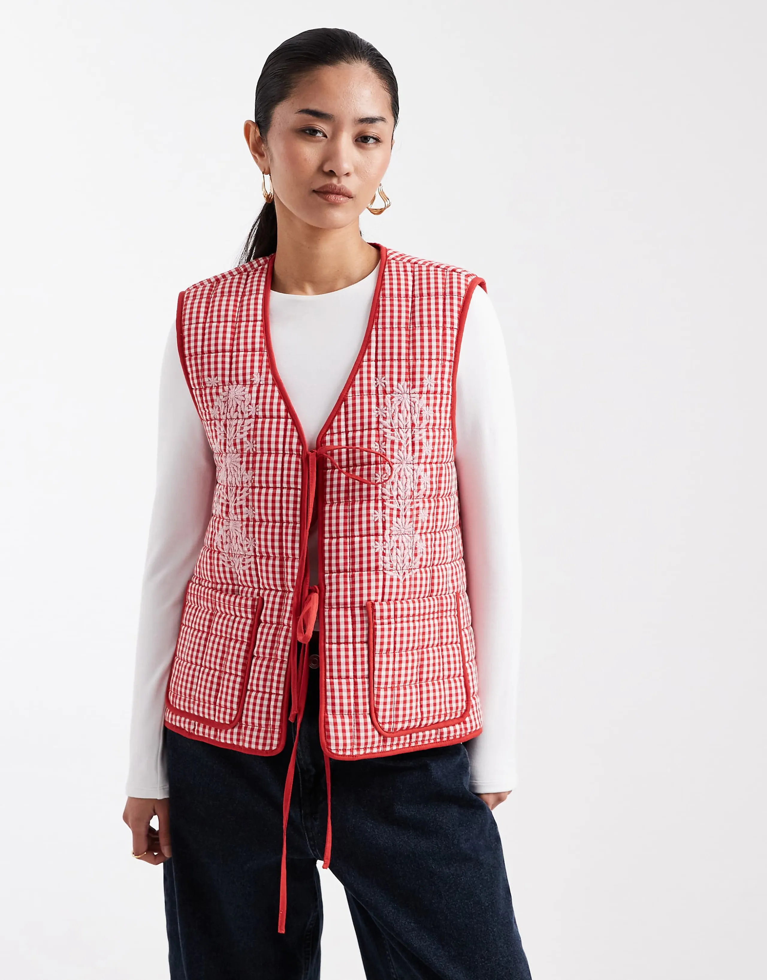 Miss Selfridge gingham embroidered tie front vest in red