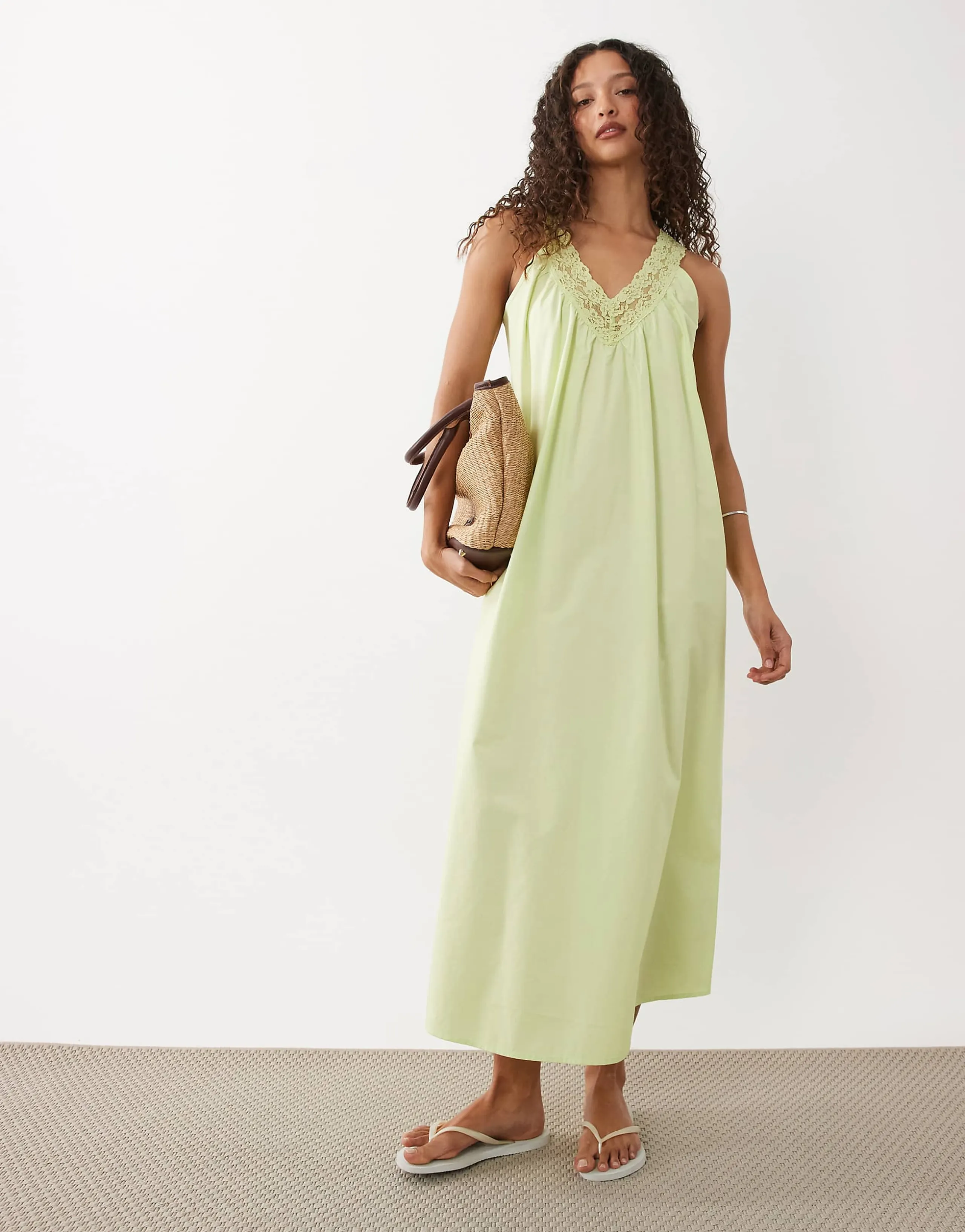 ASOS DESIGN v-neck poplin midaxi smock sundress with lace overlay in washed lime