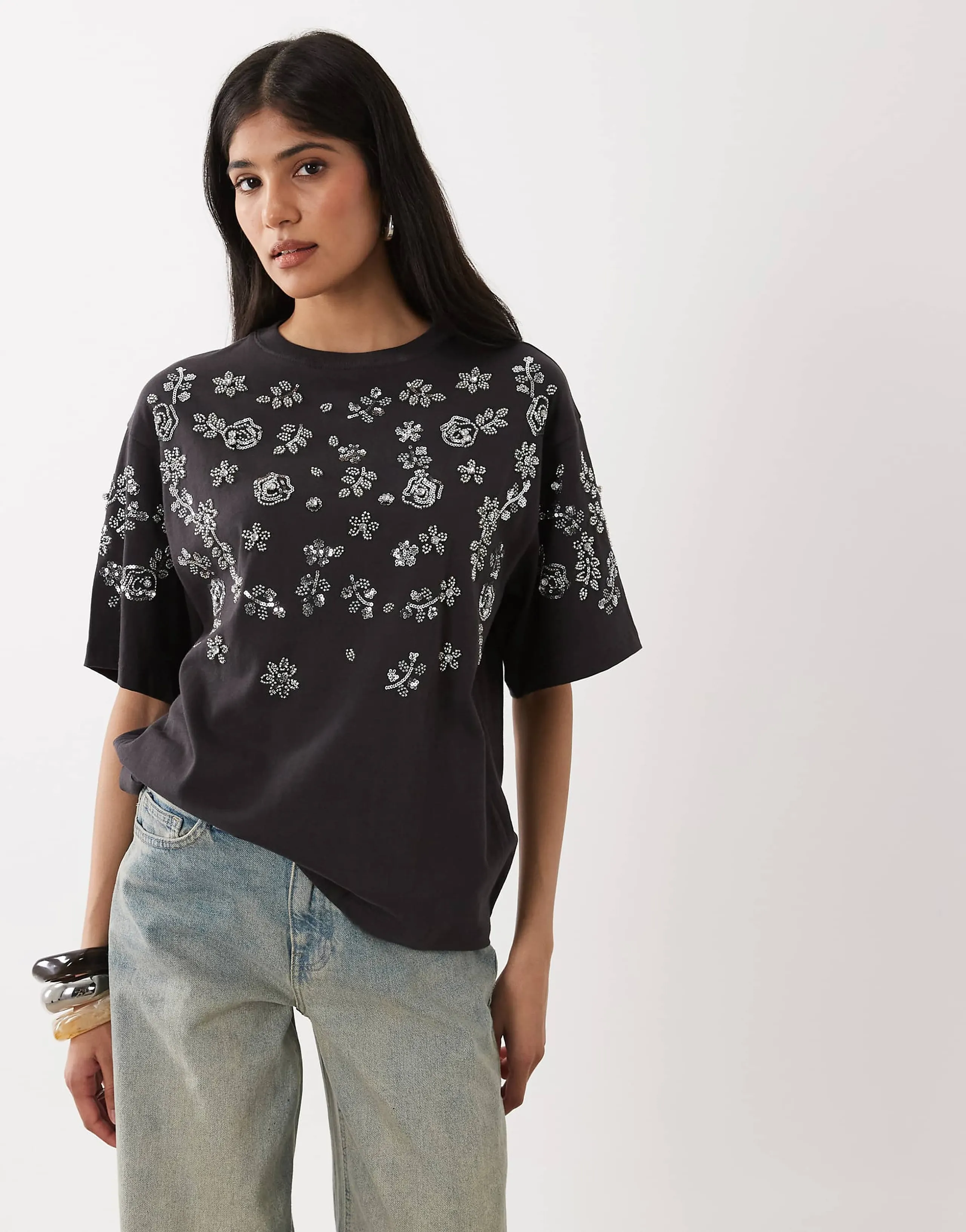 Miss Selfridge festival embellished oversized tee in charcoal