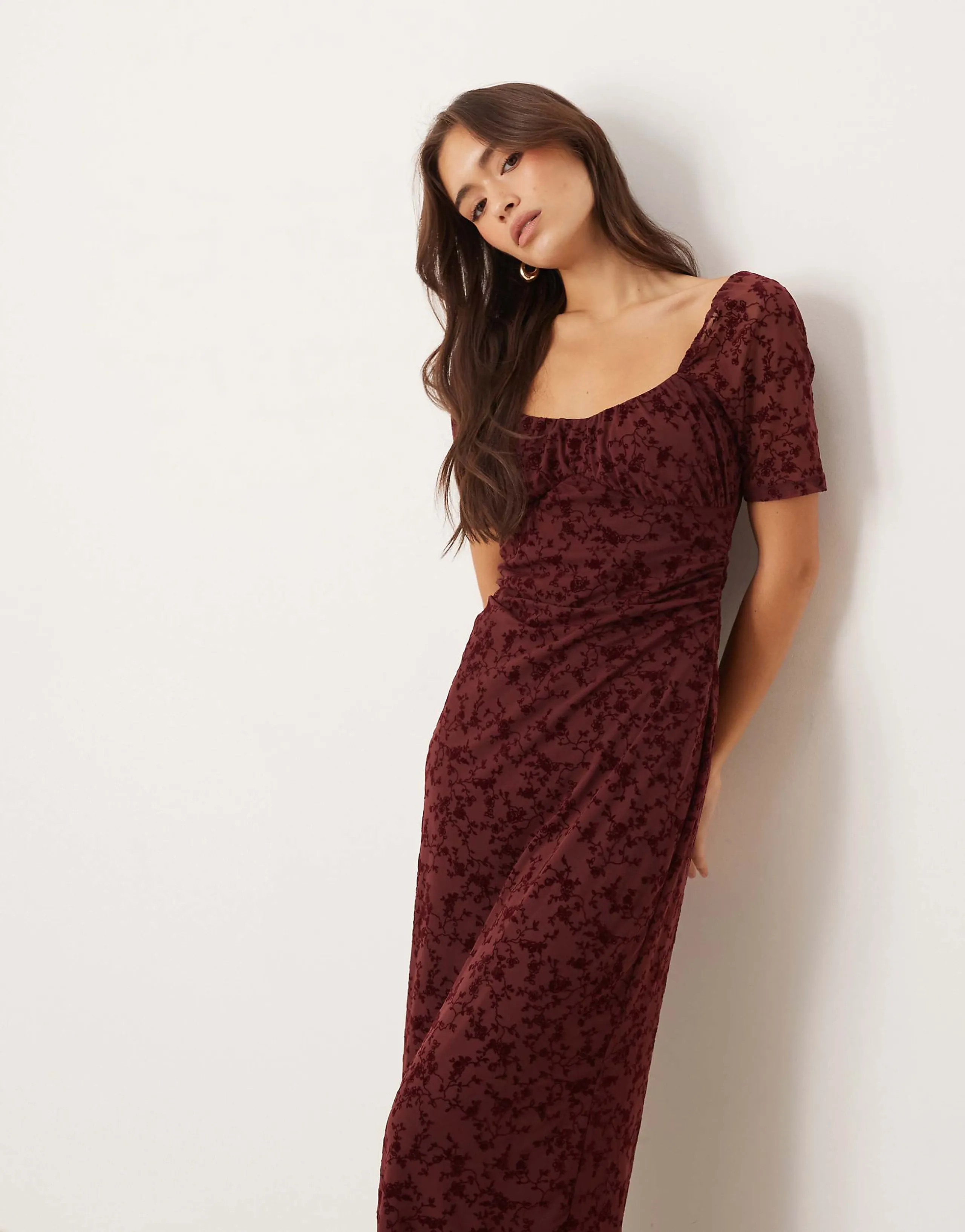 ASOS DESIGN lace devore puff sleeve midi tea dress in burgundy
