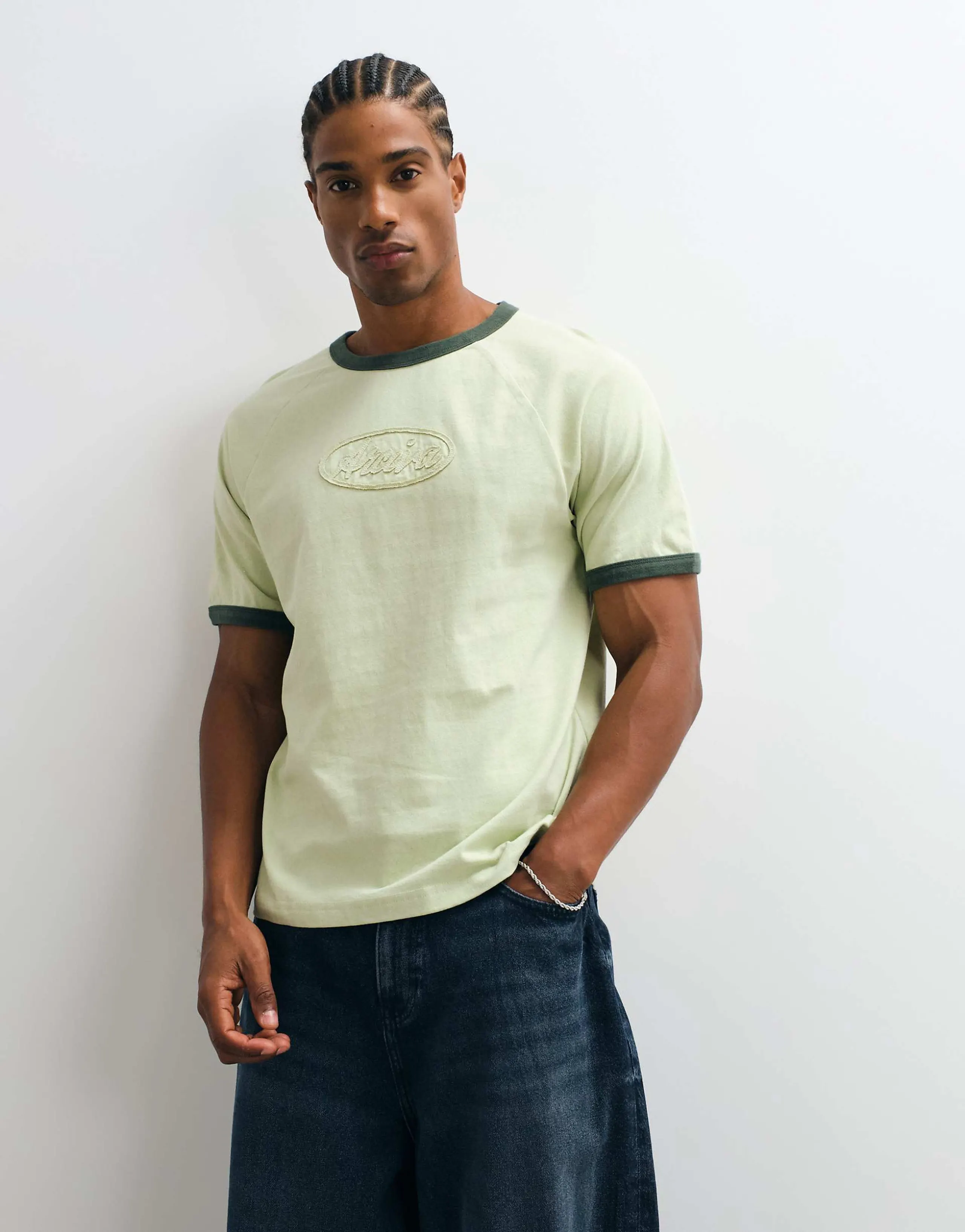 ASOS DESIGN boxy regular ringer T-shirt in washed green