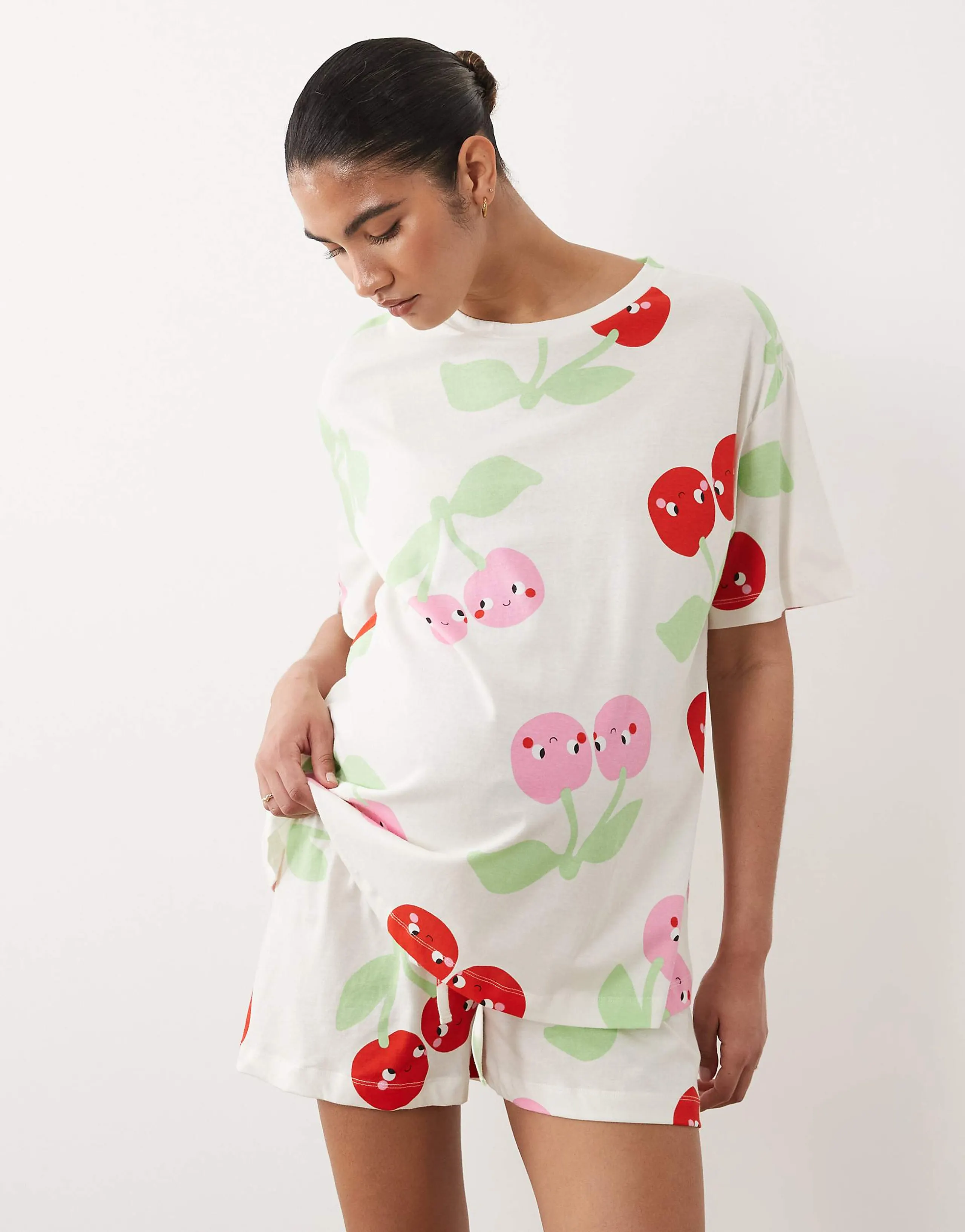 ASOS DESIGN Maternity oversized tee and shorts pajama set with cherry print in red & pink
