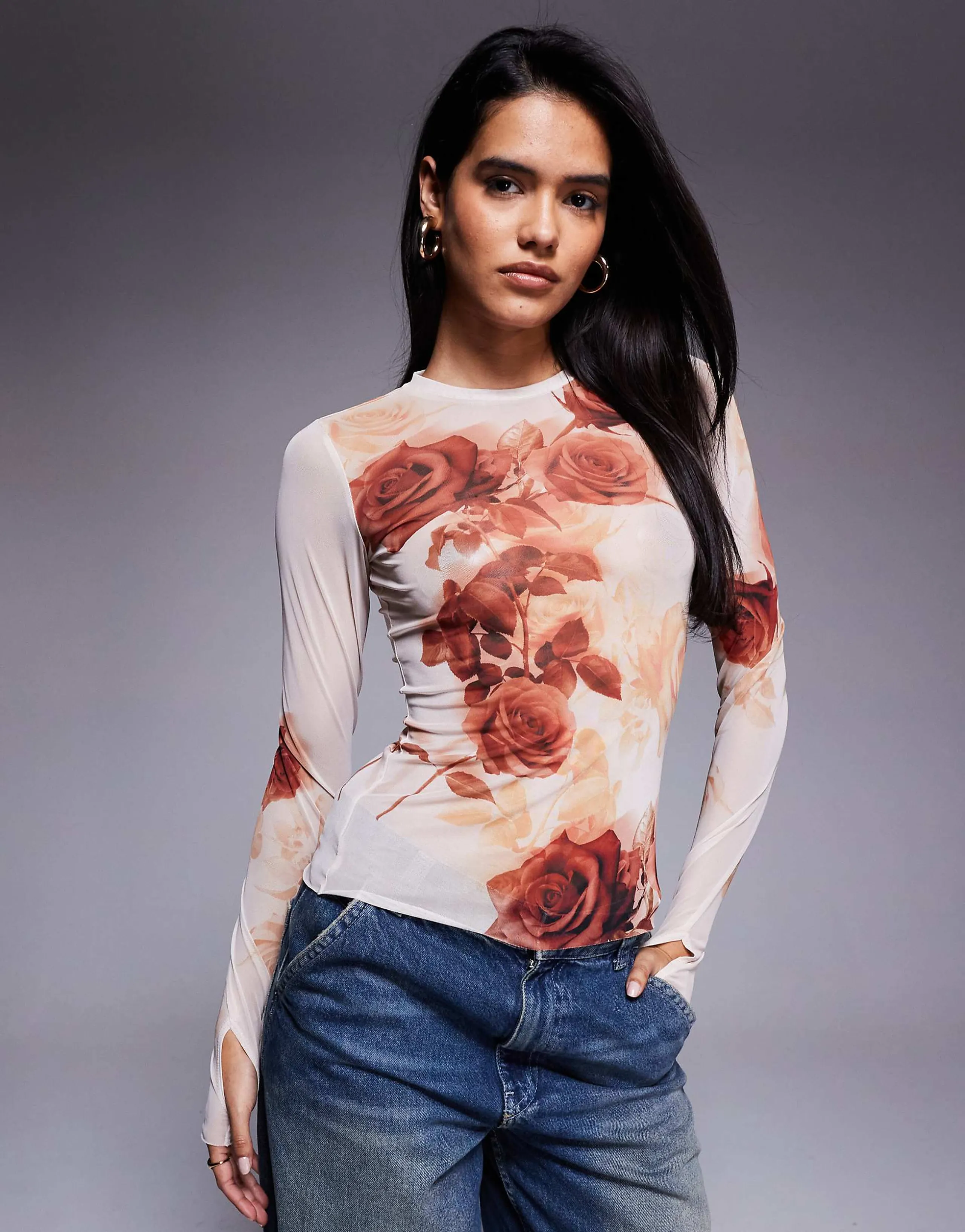 AFRM mesh long sleeve top in beige rose print