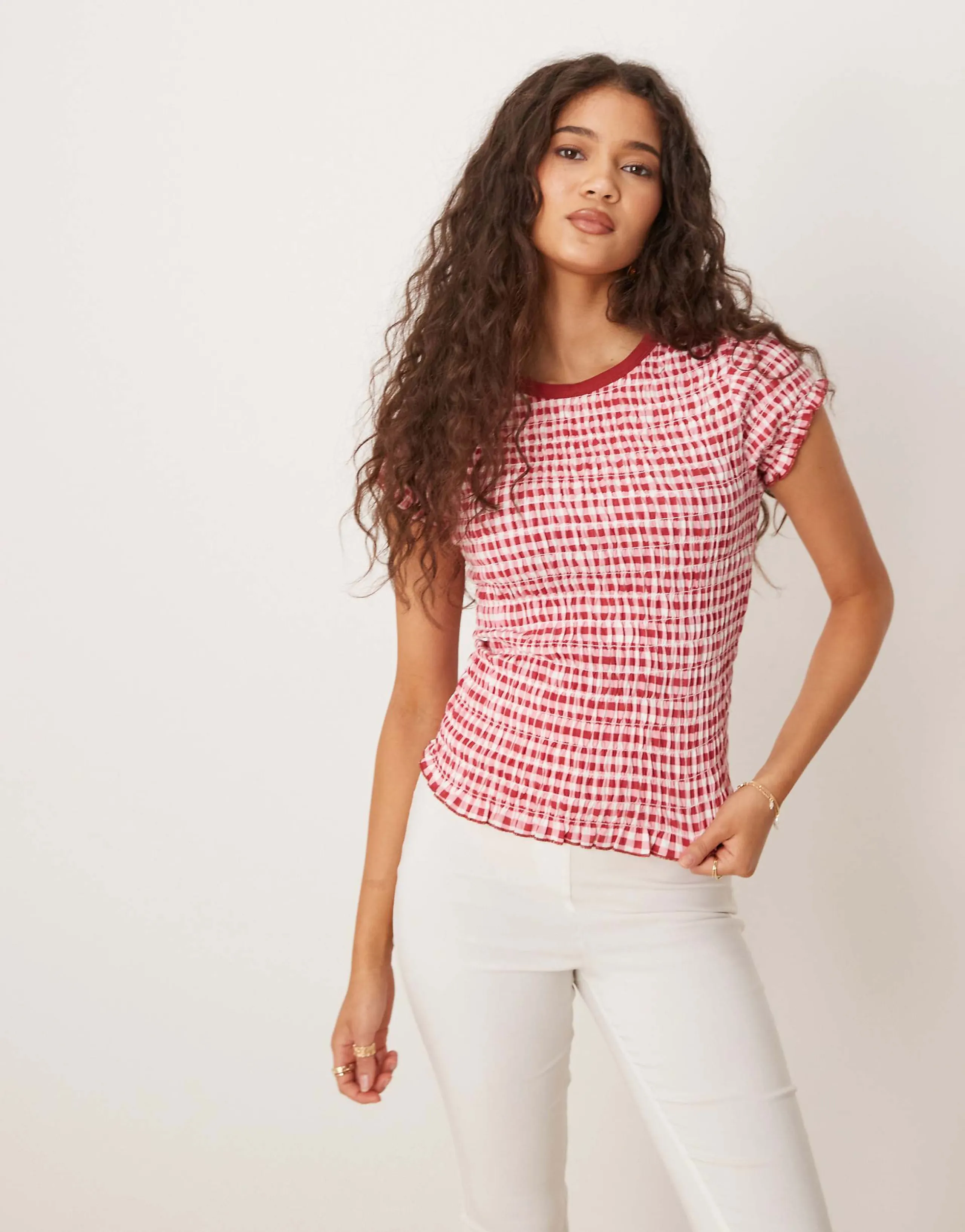 ASOS DESIGN shirred t-shirt in red gingham