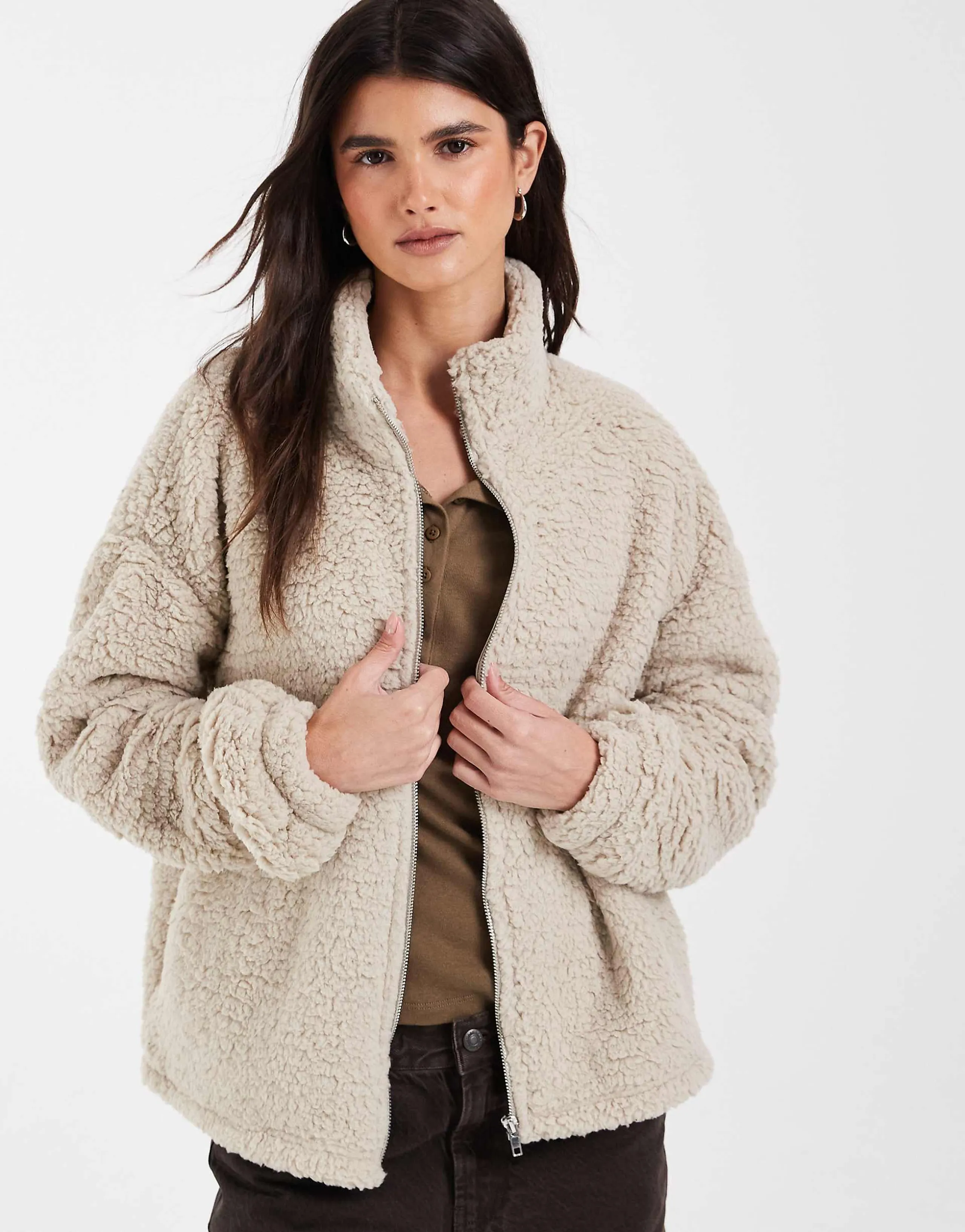 Noisy May zip up fleece in stone