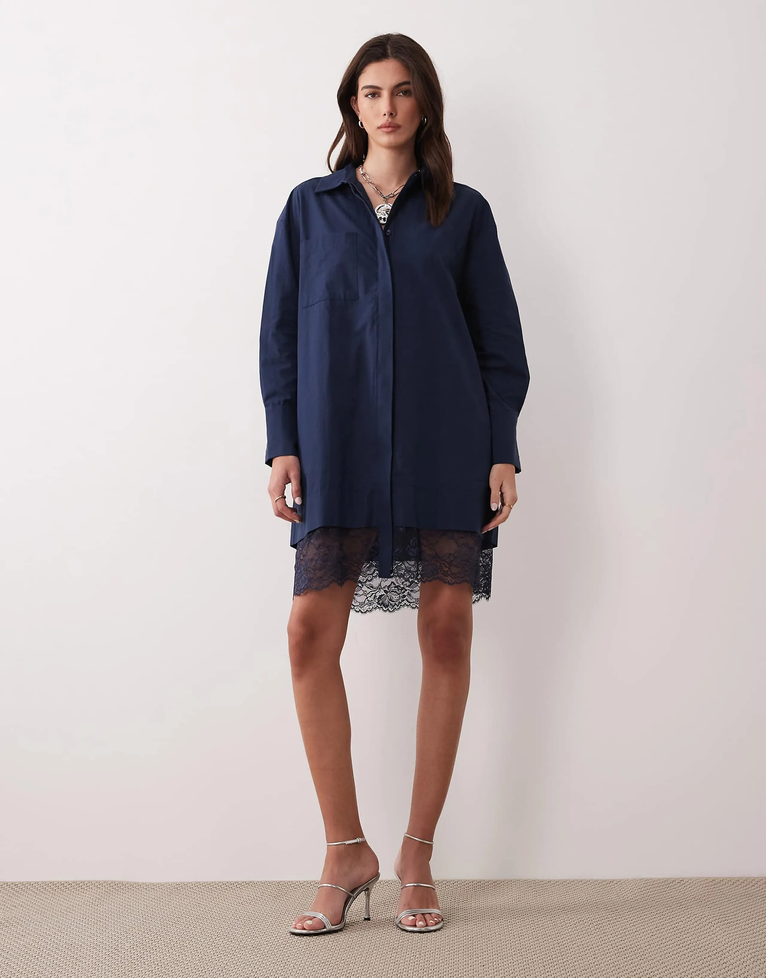 ASOS DESIGN shirt dress with lace trim in navy